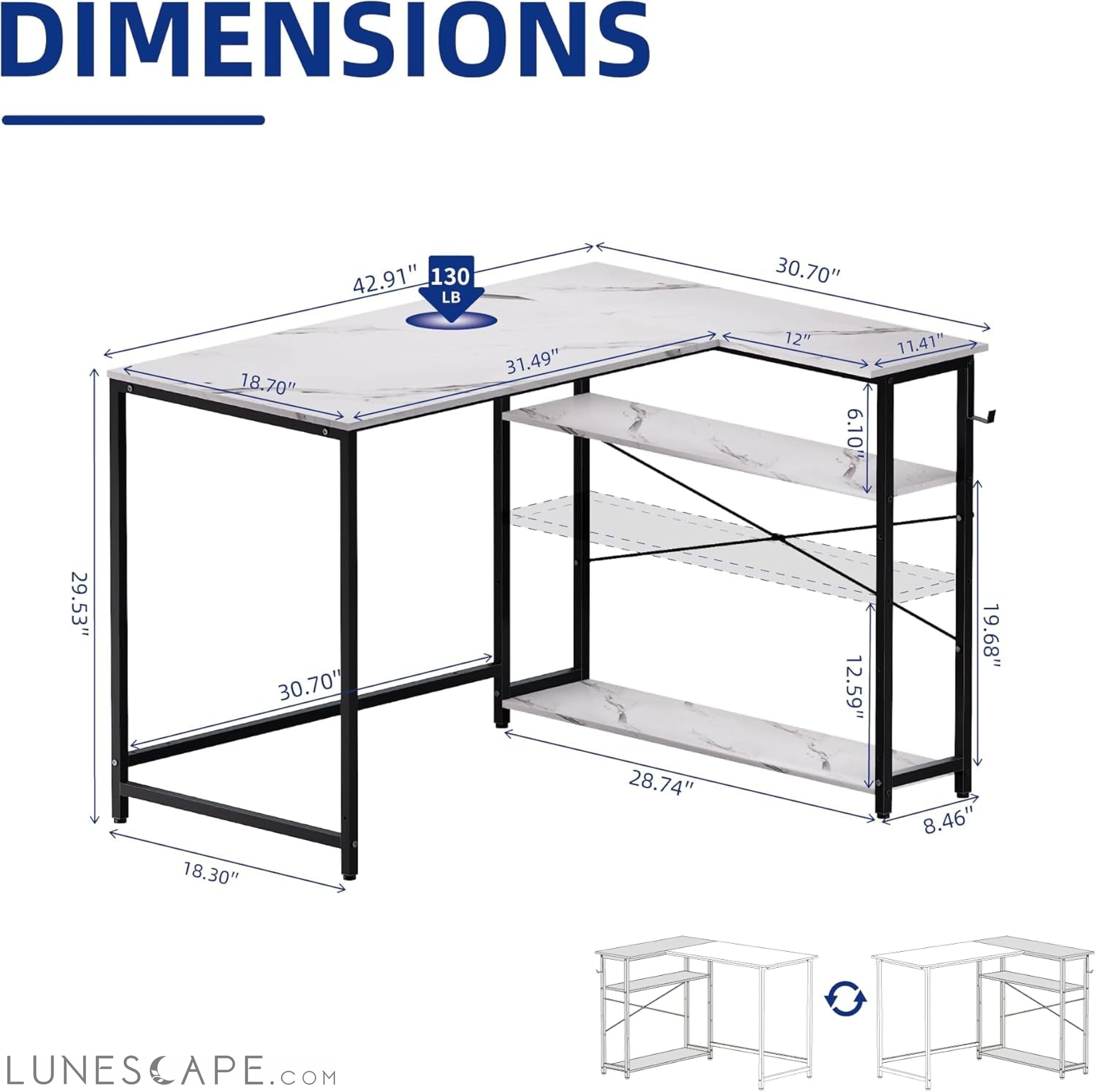 43 Inch L Shaped Computer Desk with Reversible Side Storage Shelves, LUNESCAPE