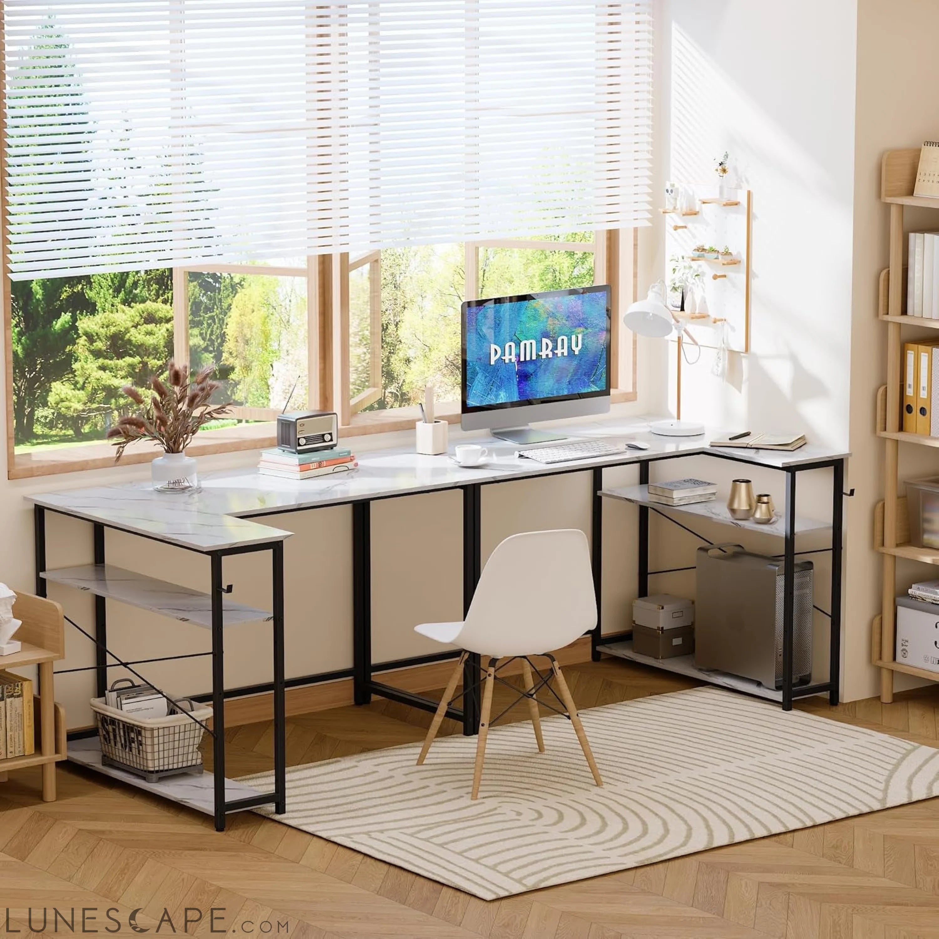 43 Inch L Shaped Computer Desk with Reversible Side Storage Shelves, LUNESCAPE