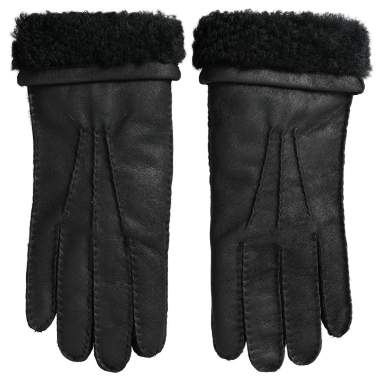 Dolce & Gabbana Black Leather Fur Short Hands Mitten Men Gloves LUNESCAPE