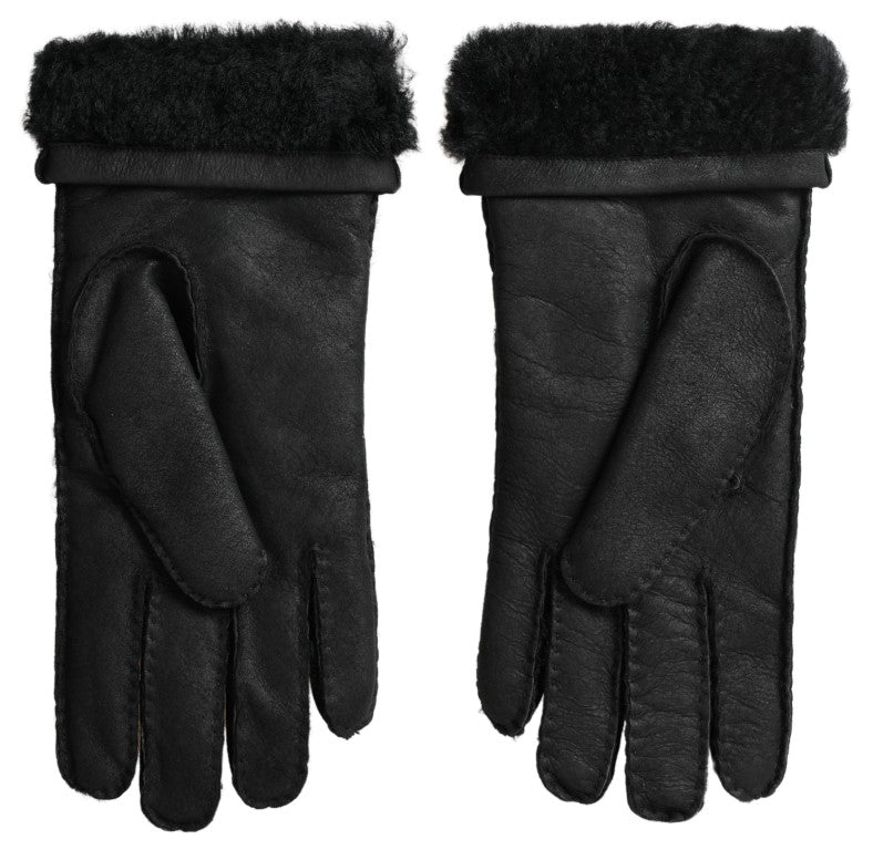 Dolce & Gabbana Black Leather Fur Short Hands Mitten Men Gloves LUNESCAPE