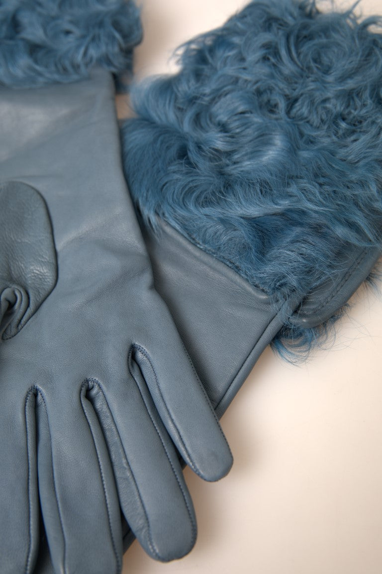 Dolce & Gabbana Elegant Blue Leather Gloves with Fur Trim LUNESCAPE