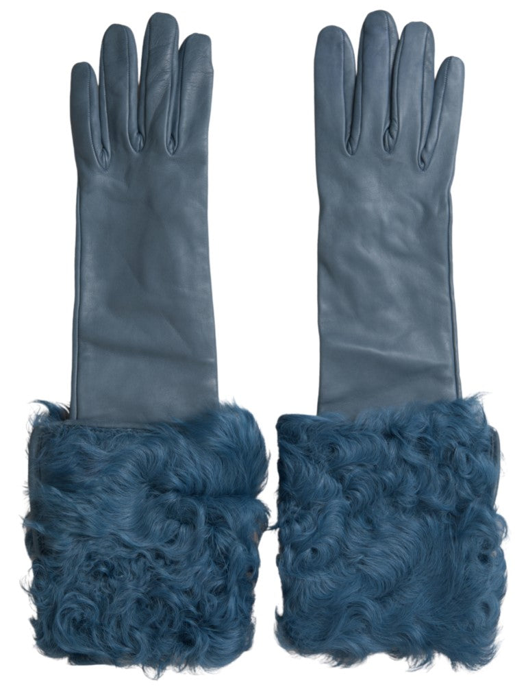 Dolce & Gabbana Elegant Blue Leather Gloves with Fur Trim LUNESCAPE