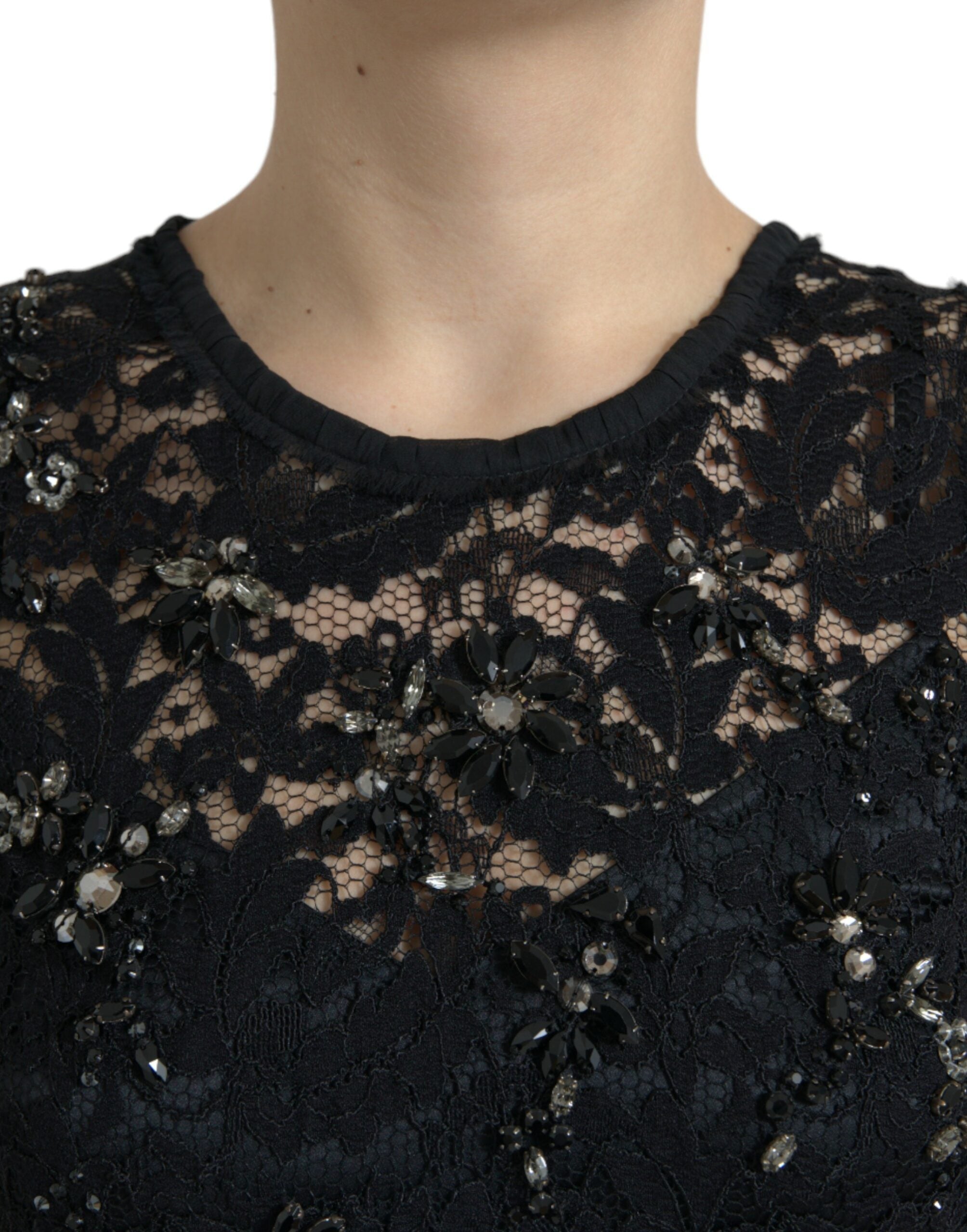 Dolce & Gabbana Black Floral Lace Crystal Sheath Dress LUNESCAPE