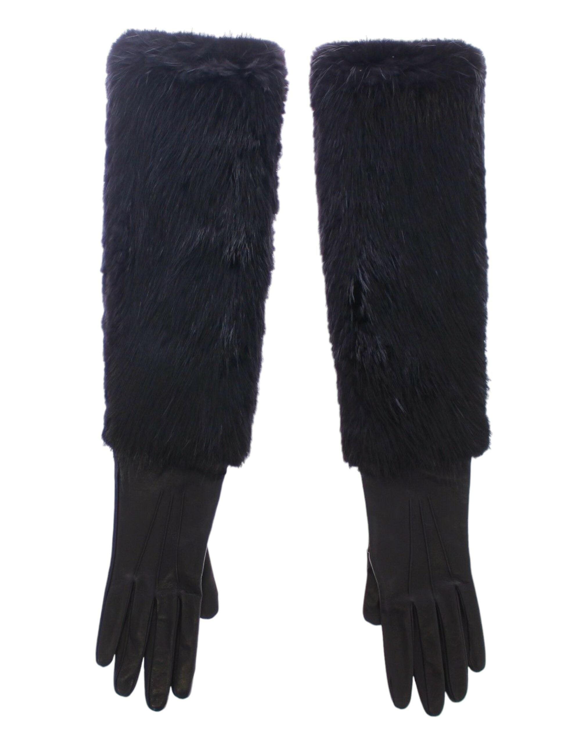 Dolce & Gabbana Black Beaver Fur Lambskin Leather Elbow Gloves LUNESCAPE