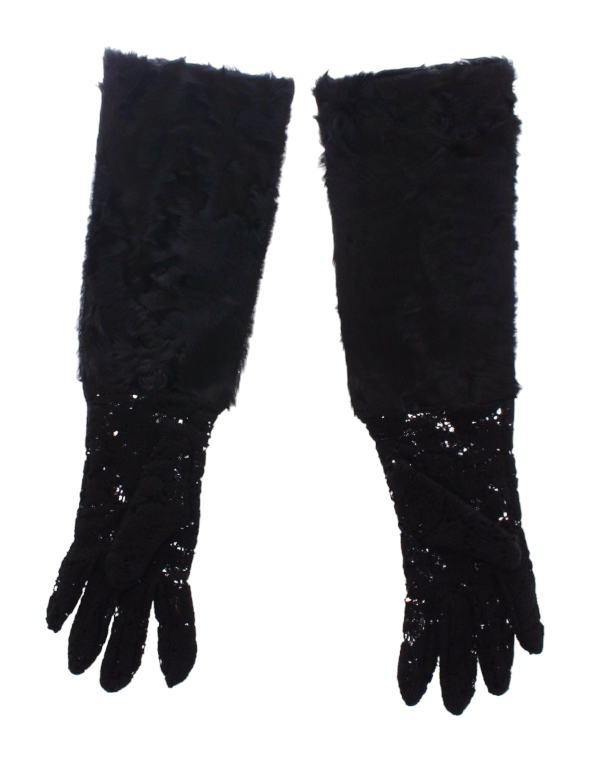 Dolce & Gabbana Black Lace Wool Lambskin Fur Elbow Gloves LUNESCAPE