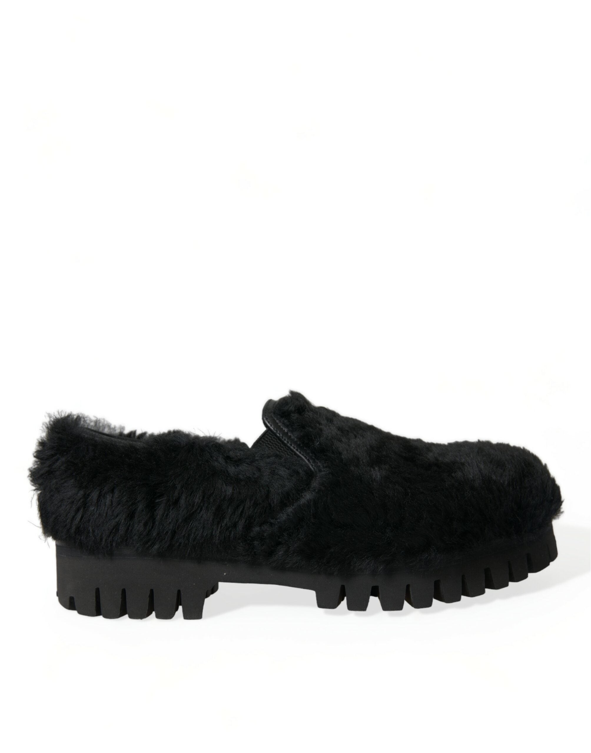 Dolce & Gabbana Black Fur Leather Slippers Dress Shoes LUNESCAPE