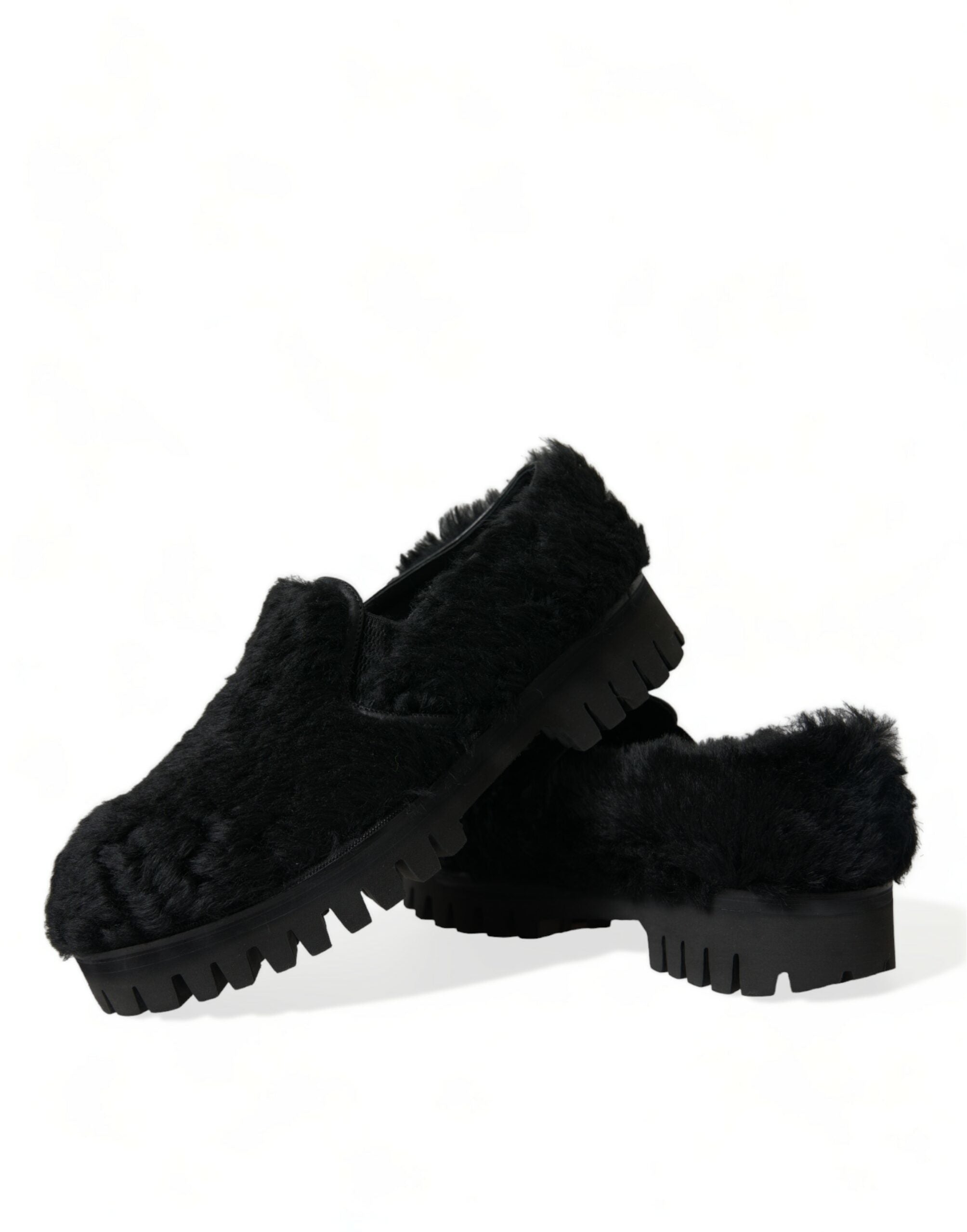 Dolce & Gabbana Black Fur Leather Slippers Dress Shoes LUNESCAPE