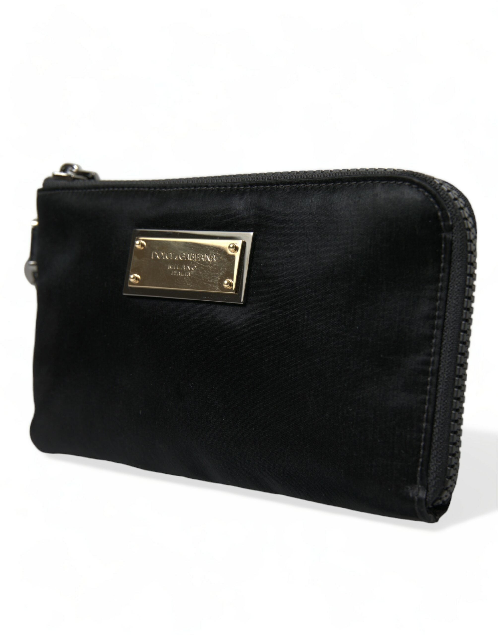 Dolce & Gabbana Elegant Black Nylon Leather Pouch with Silver Details LUNESCAPE