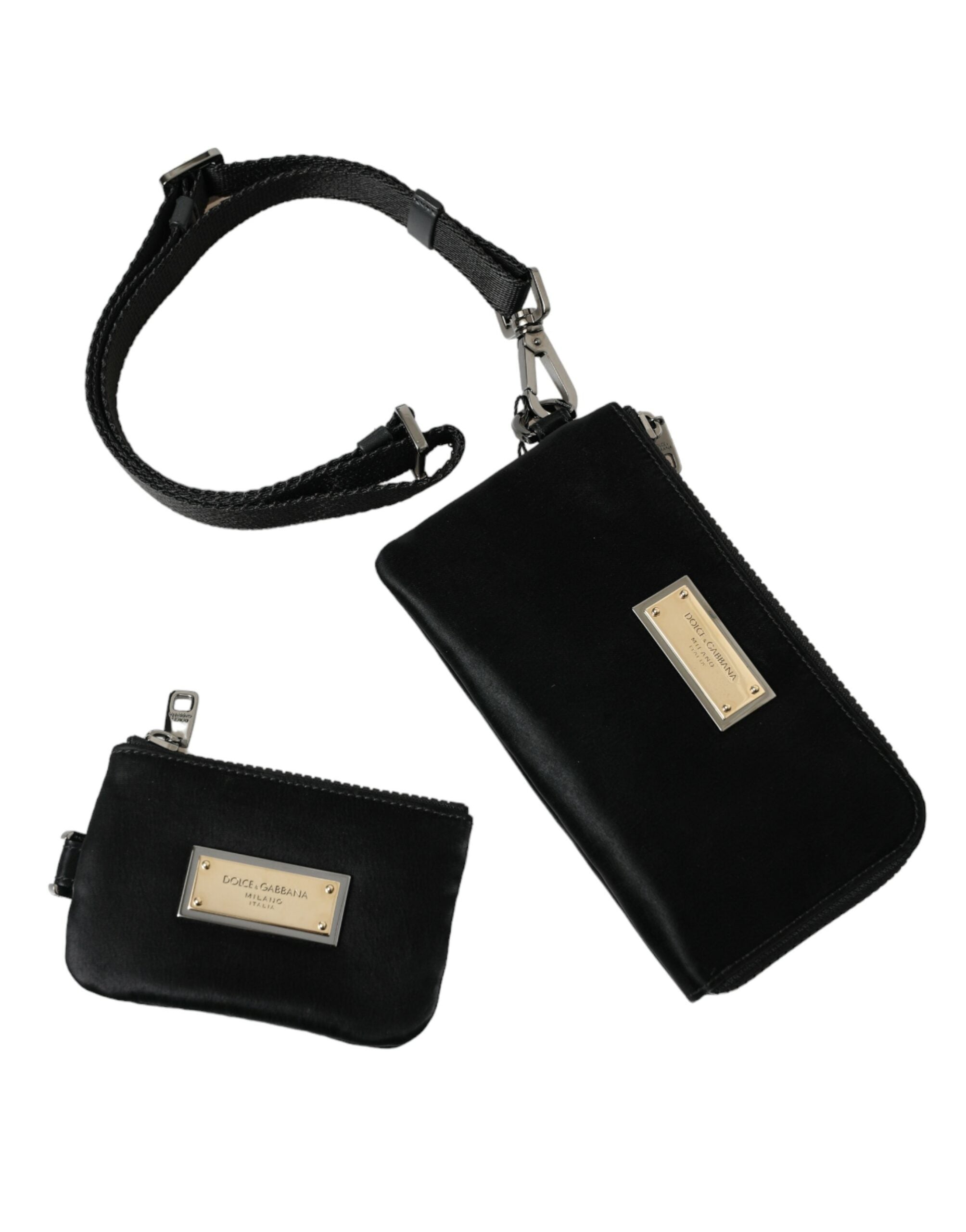 Dolce & Gabbana Elegant Black Nylon Leather Pouch with Silver Details LUNESCAPE