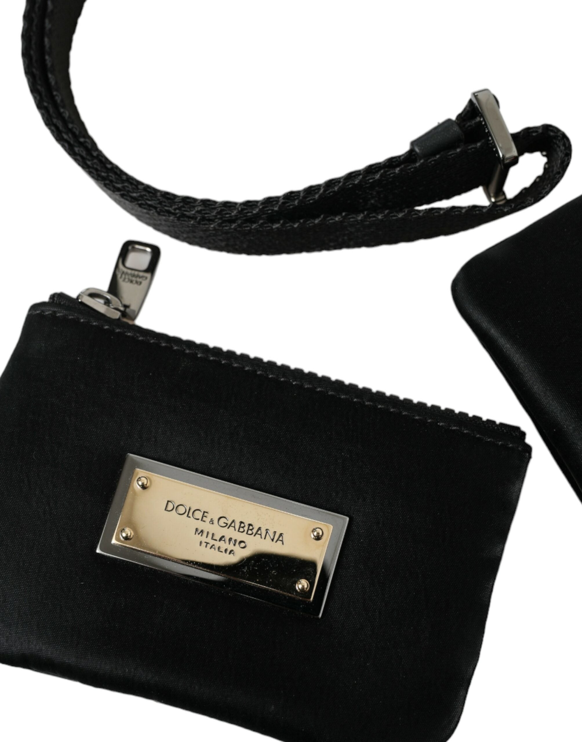 Dolce & Gabbana Elegant Black Nylon Leather Pouch with Silver Details LUNESCAPE