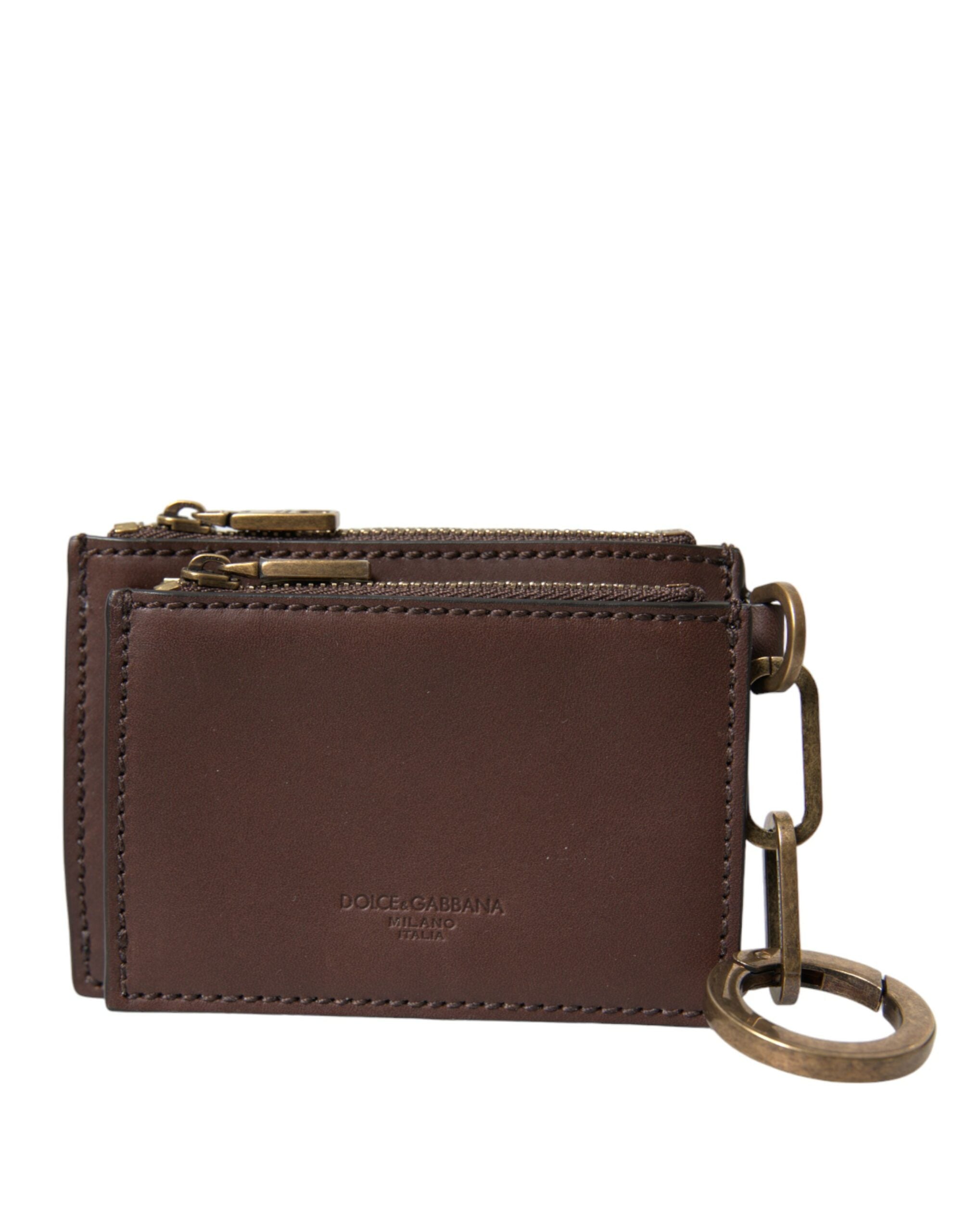 Dolce & Gabbana Brown Leather Zip Logo Keyring Coin Purse Keyring Wallet LUNESCAPE