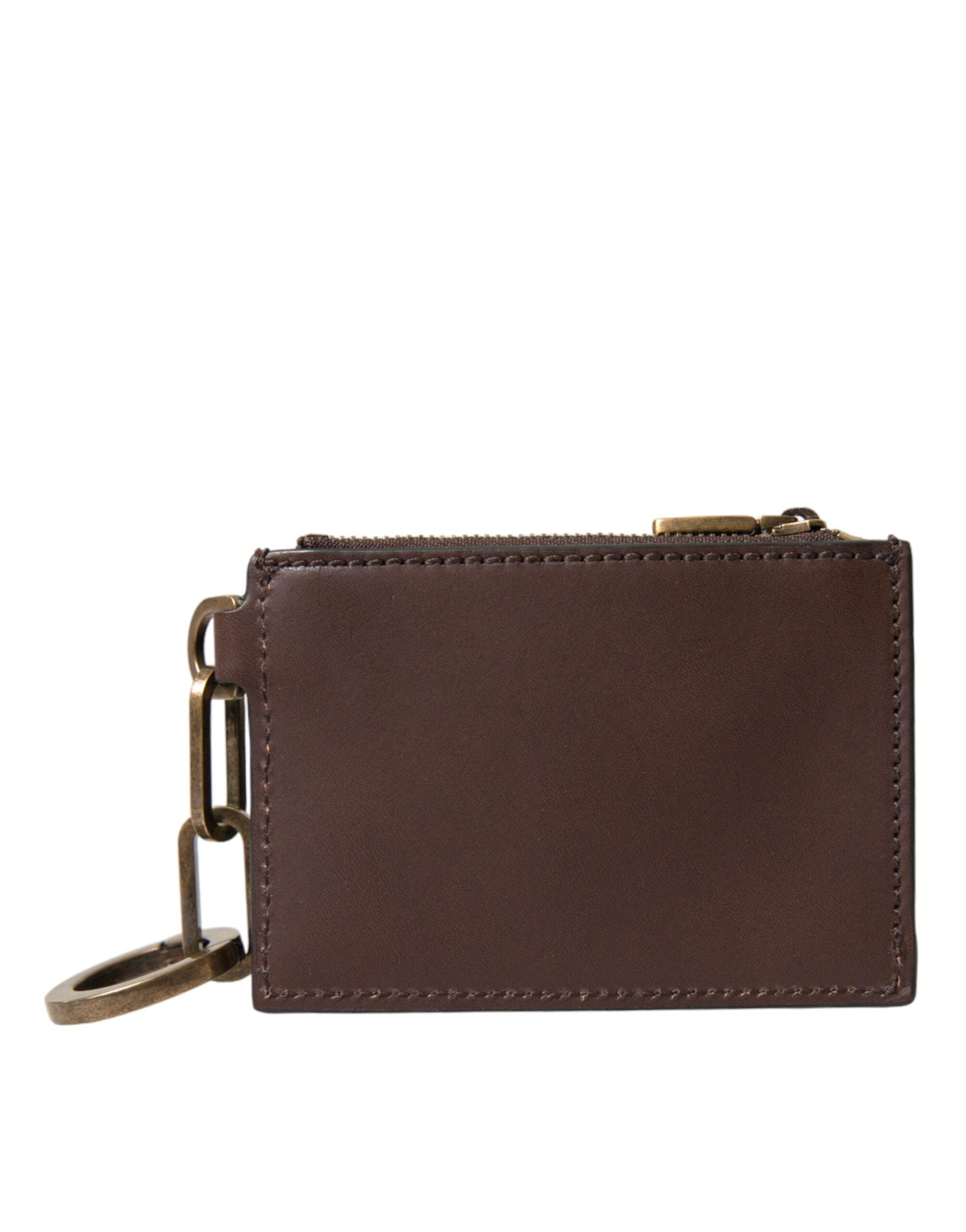 Dolce & Gabbana Brown Leather Zip Logo Keyring Coin Purse Keyring Wallet LUNESCAPE