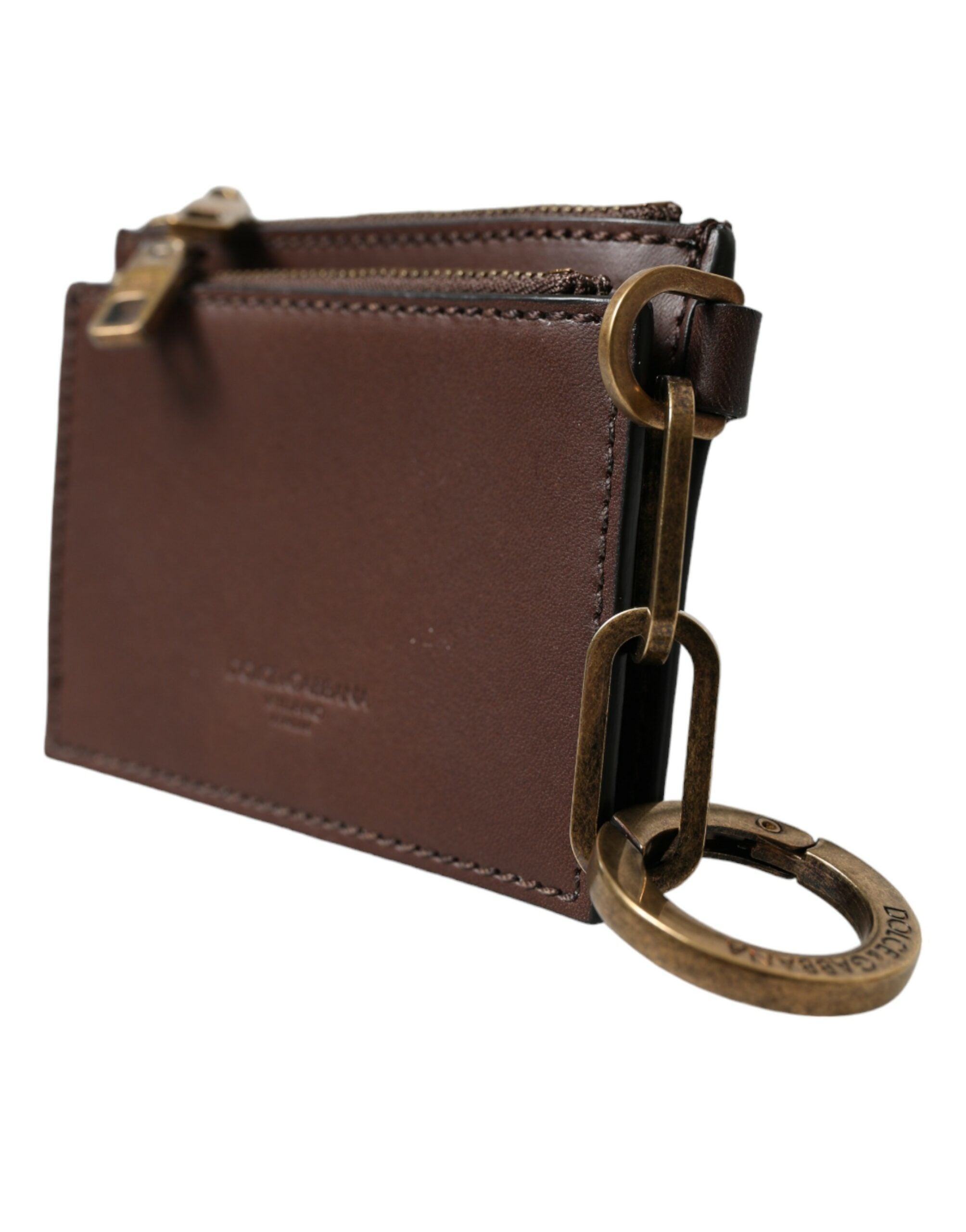 Dolce & Gabbana Brown Leather Zip Logo Keyring Coin Purse Keyring Wallet LUNESCAPE