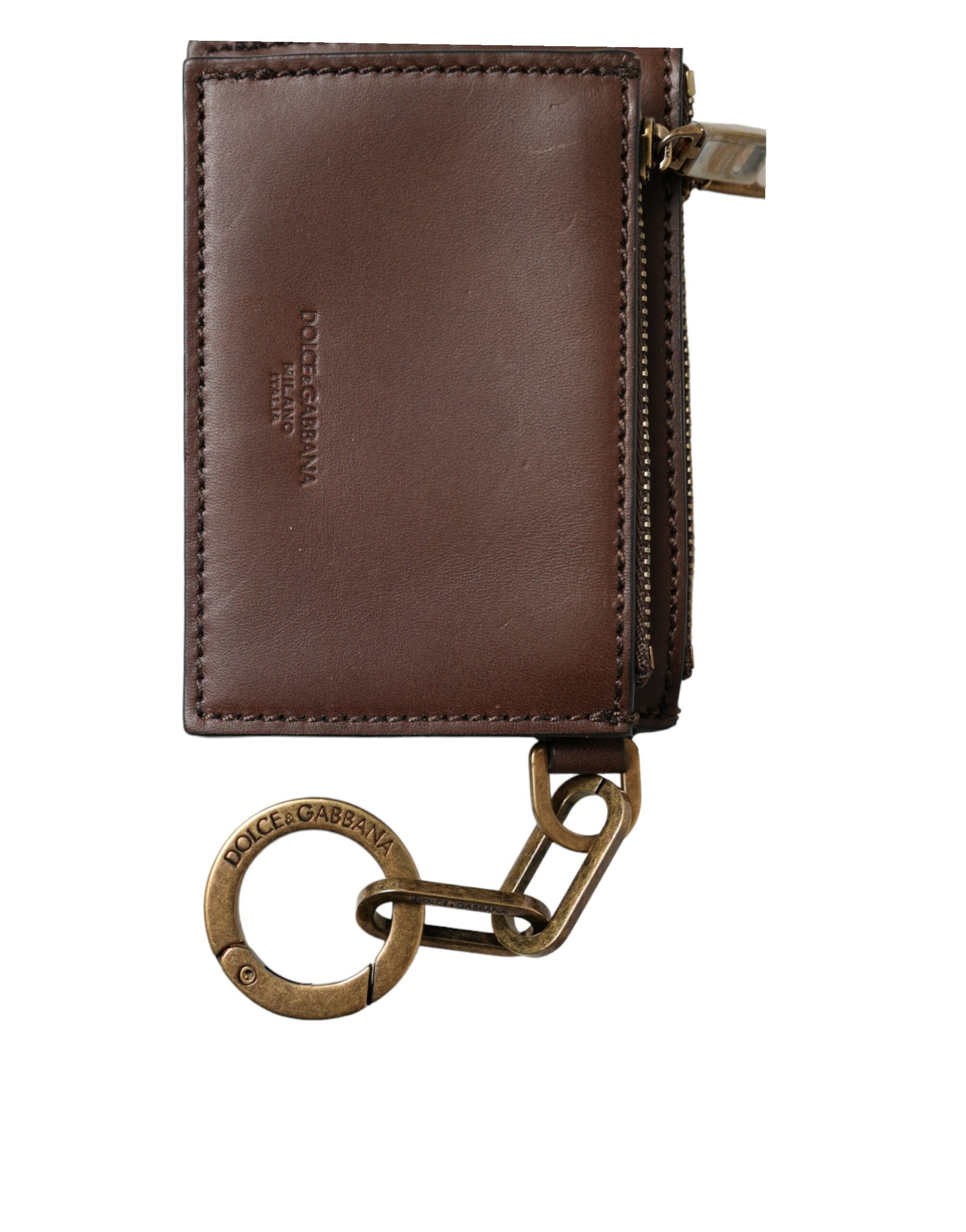 Dolce & Gabbana Brown Leather Zip Logo Keyring Coin Purse Keyring Wallet LUNESCAPE