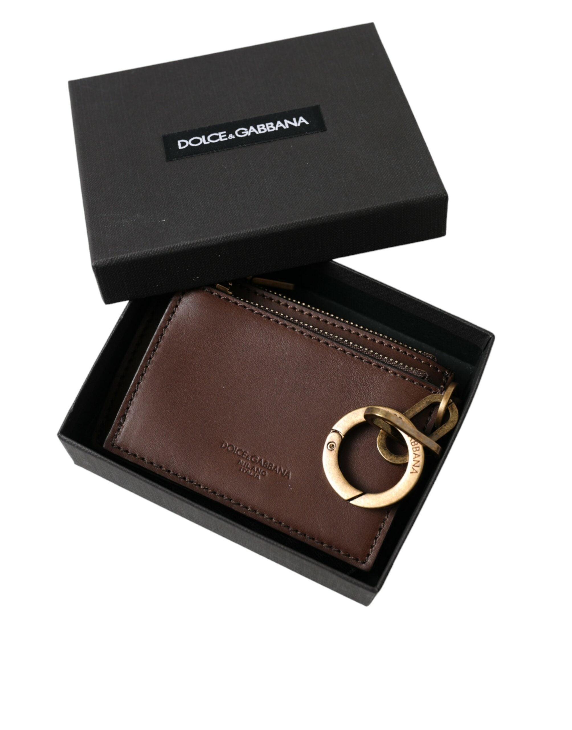 Dolce & Gabbana Brown Leather Zip Logo Keyring Coin Purse Keyring Wallet LUNESCAPE