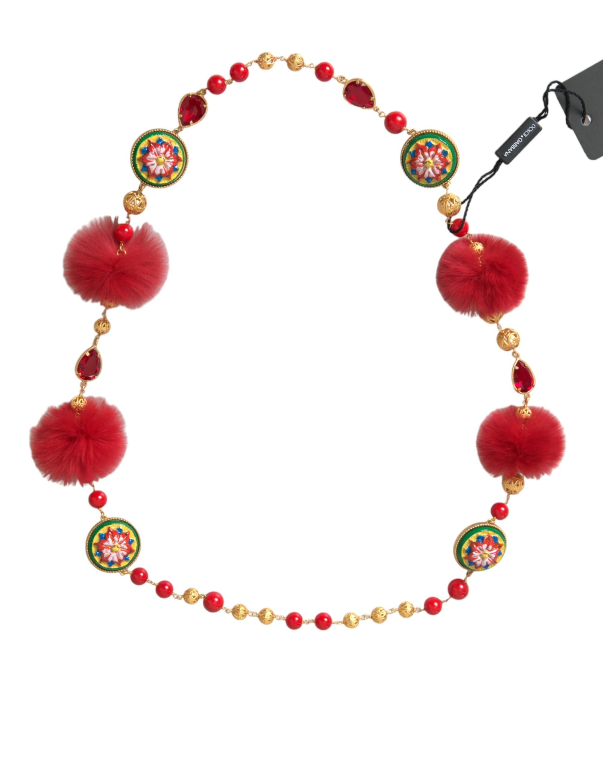 Dolce & Gabbana Gold Brass Red Fur Crystal Carretto Chain Necklace LUNESCAPE
