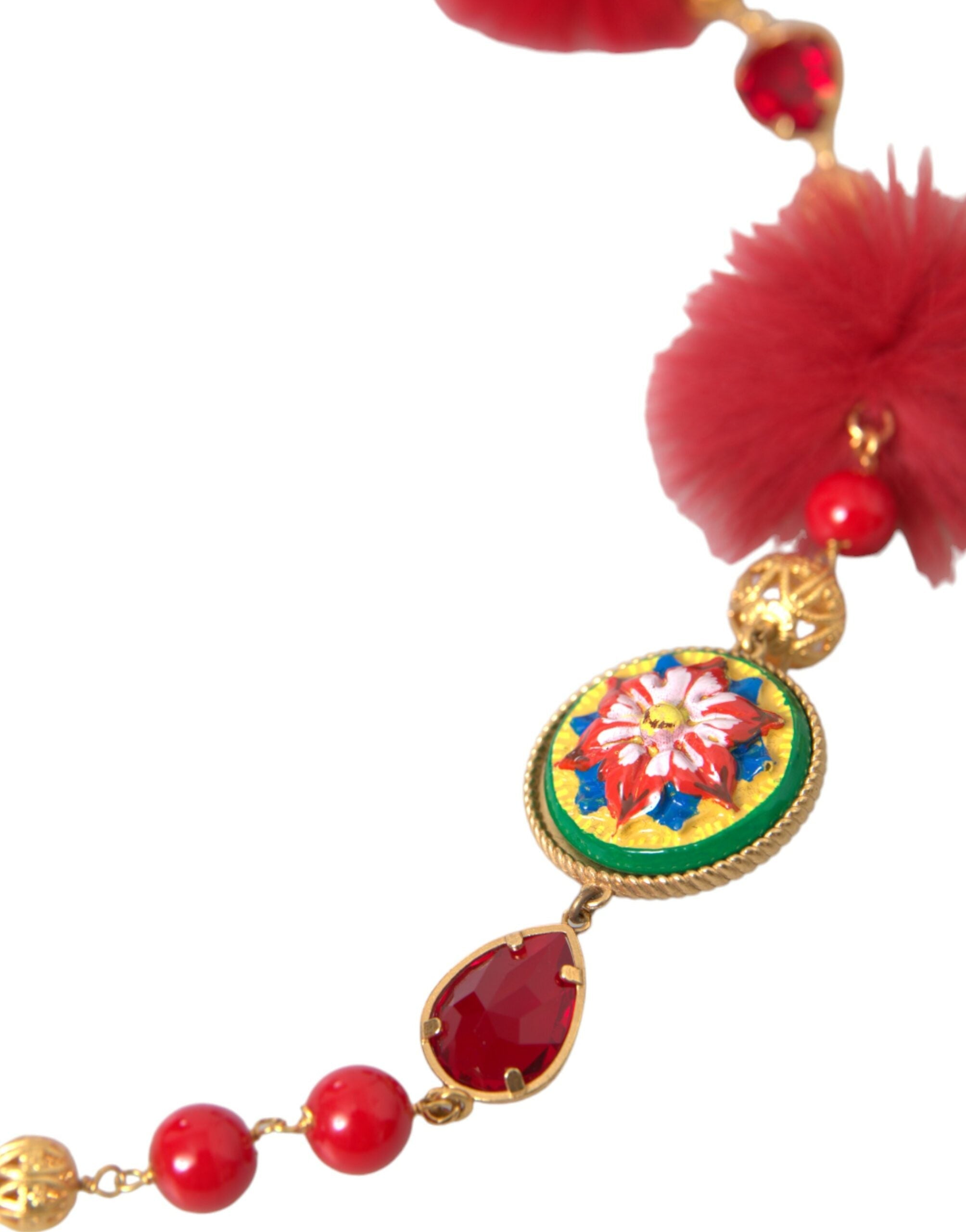 Dolce & Gabbana Gold Brass Red Fur Crystal Carretto Chain Necklace LUNESCAPE