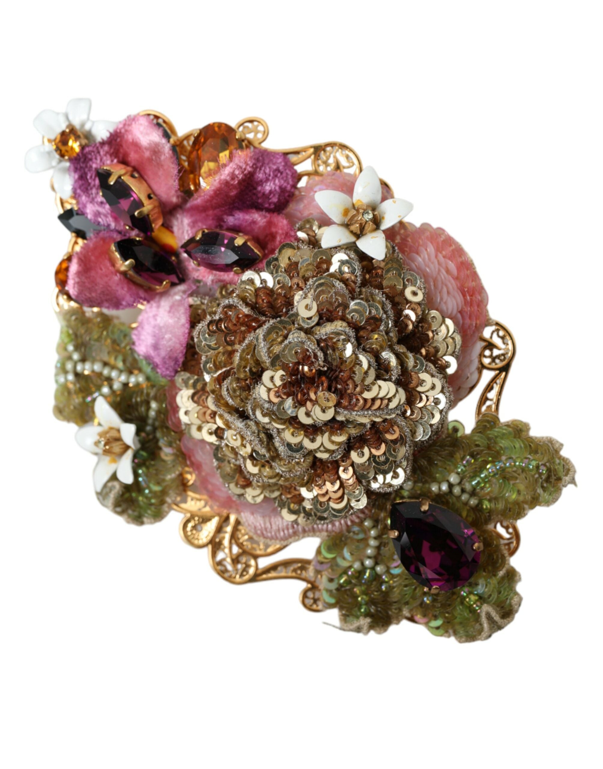 Dolce & Gabbana Gold Brass Floral Crystal Sequined Hair Clip LUNESCAPE