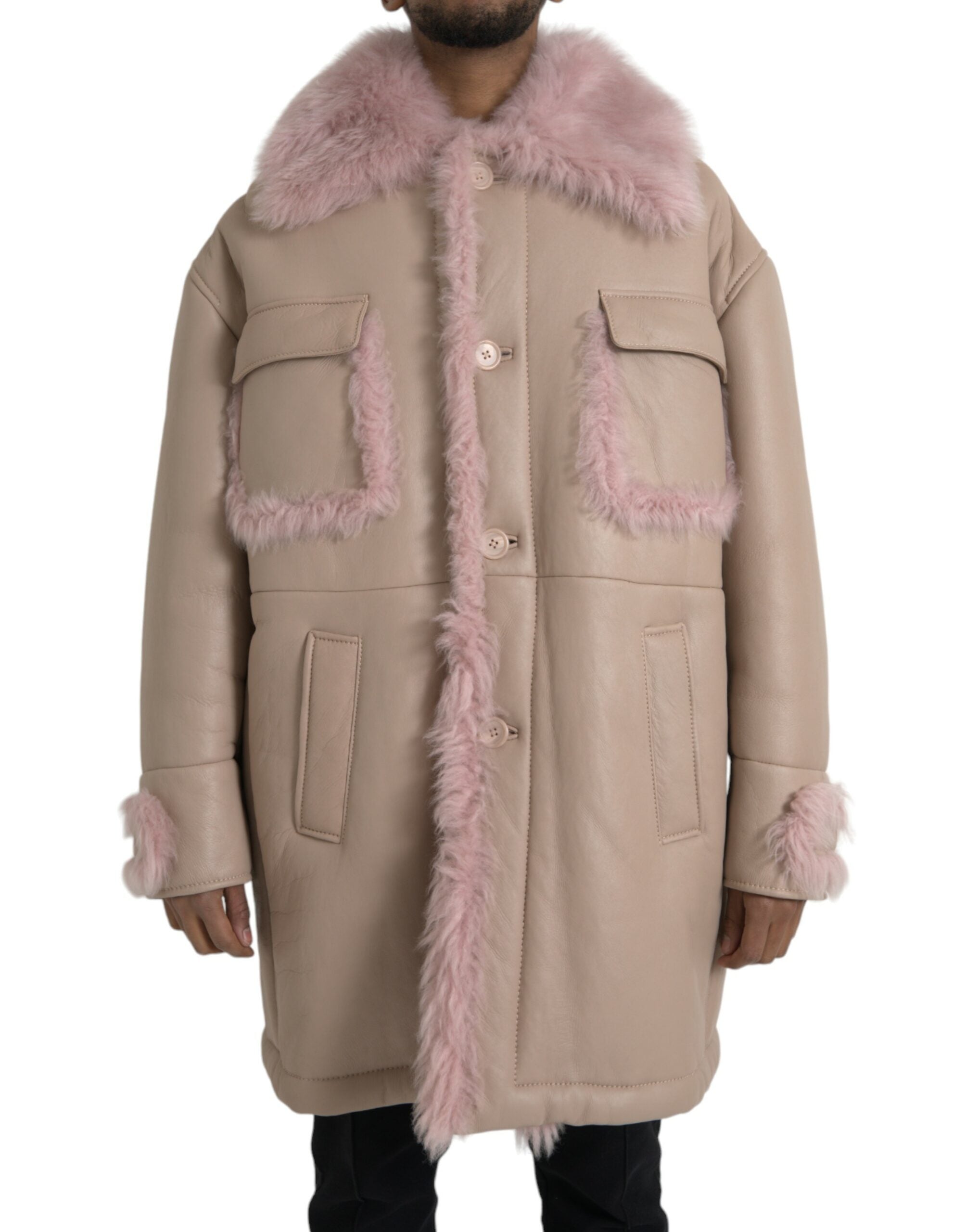 Dolce & Gabbana Beige Pink Lamb Leather Shearling Coat Jacket LUNESCAPE