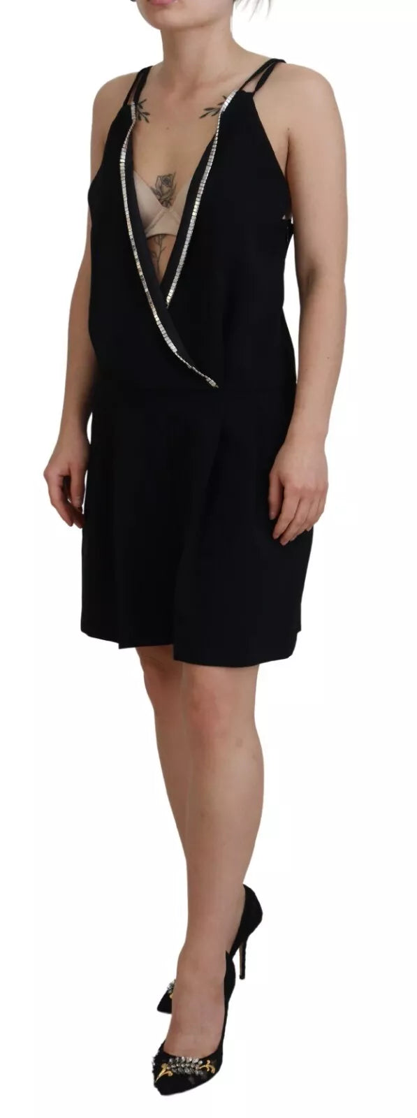 Dsquared² Black Embellished Sleeveless V-neck Jumpsuit Dress LUNESCAPE
