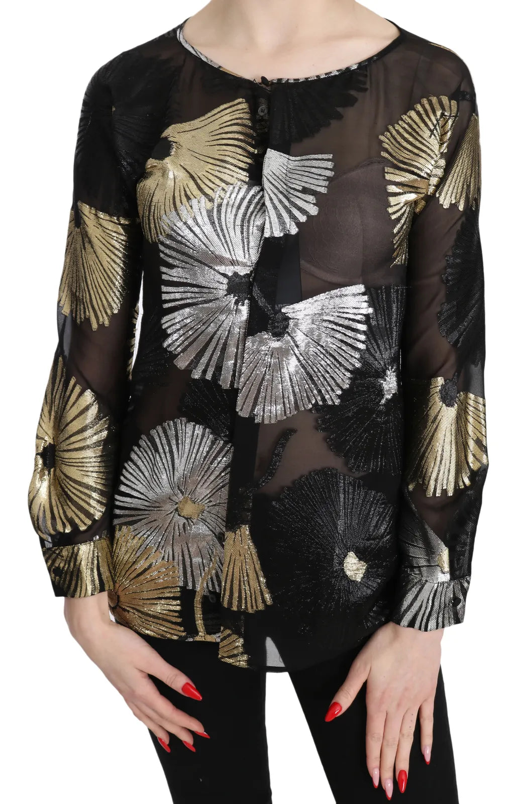 Dsquared² Gold Silver Silk Jacquard See Through Top Blouse LUNESCAPE