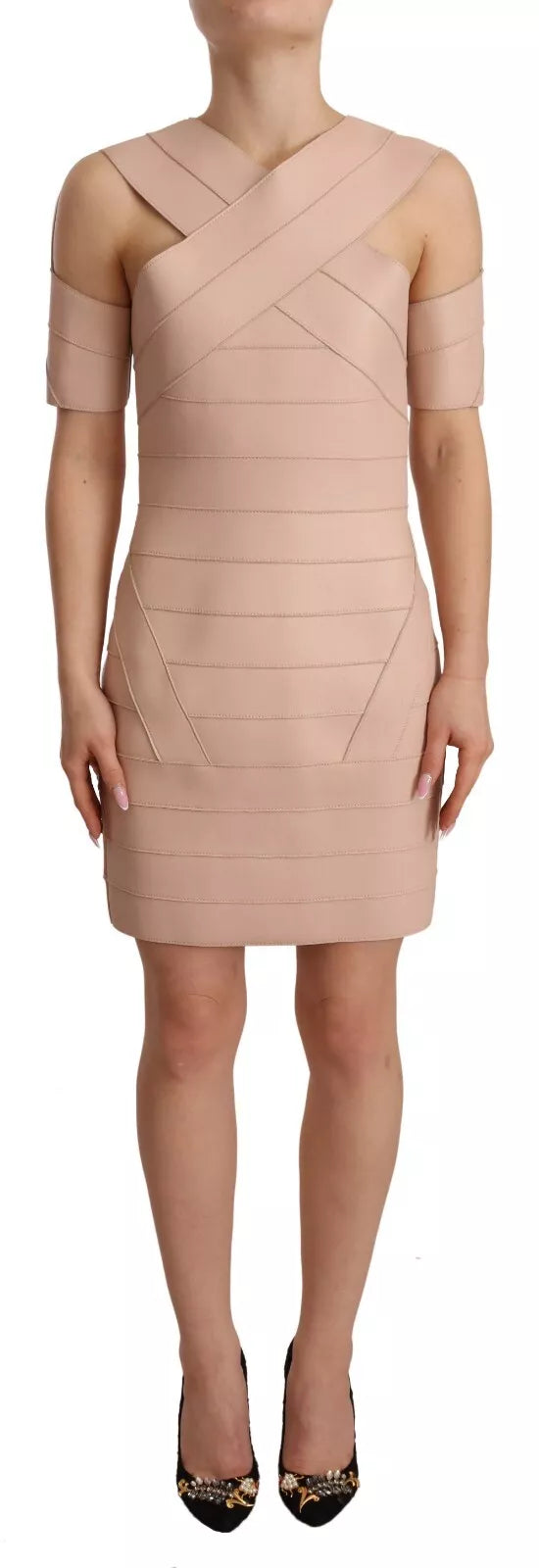 Dsquared² Beige Leather Open Shoulder Sheath Mini Dress LUNESCAPE