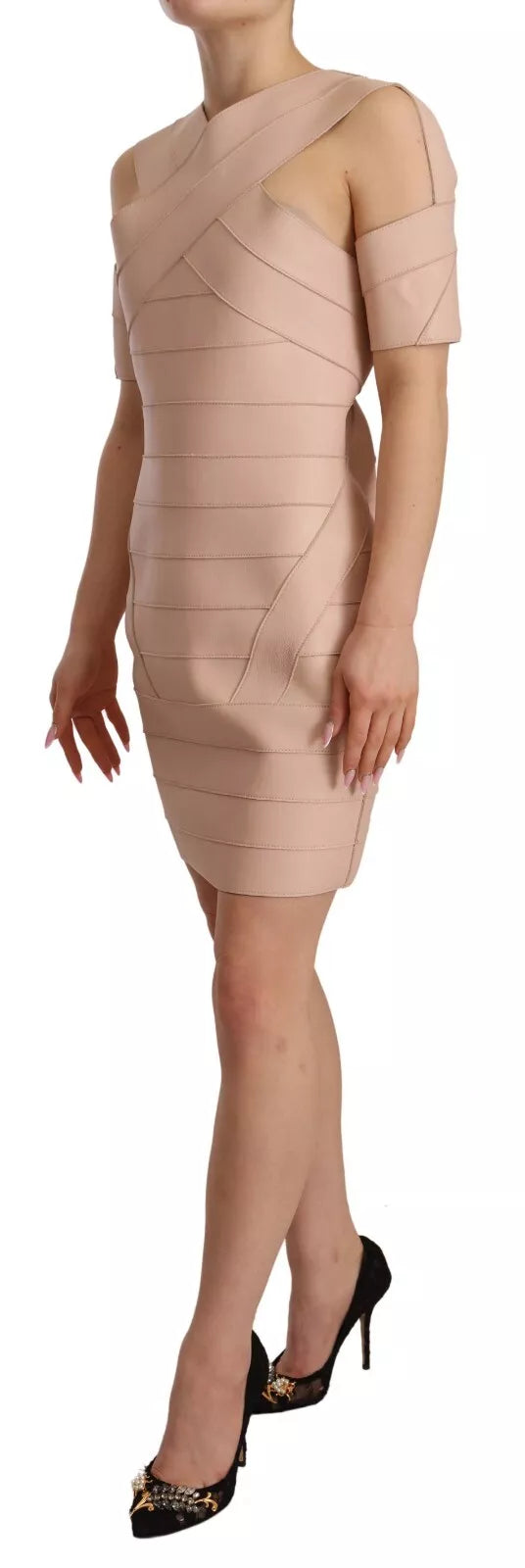 Dsquared² Beige Leather Open Shoulder Sheath Mini Dress LUNESCAPE