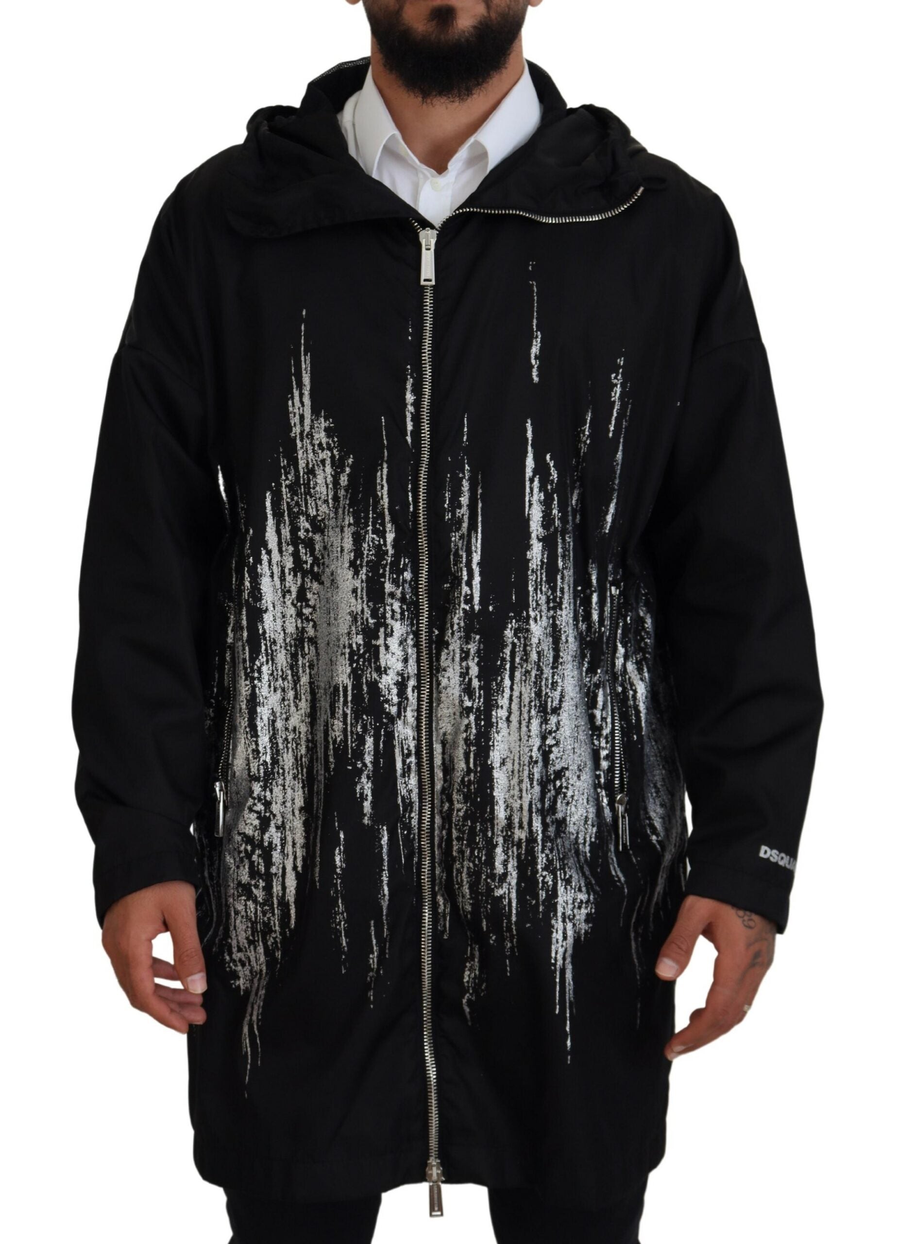 Dsquared² Black White Print Long Hooded Jacket