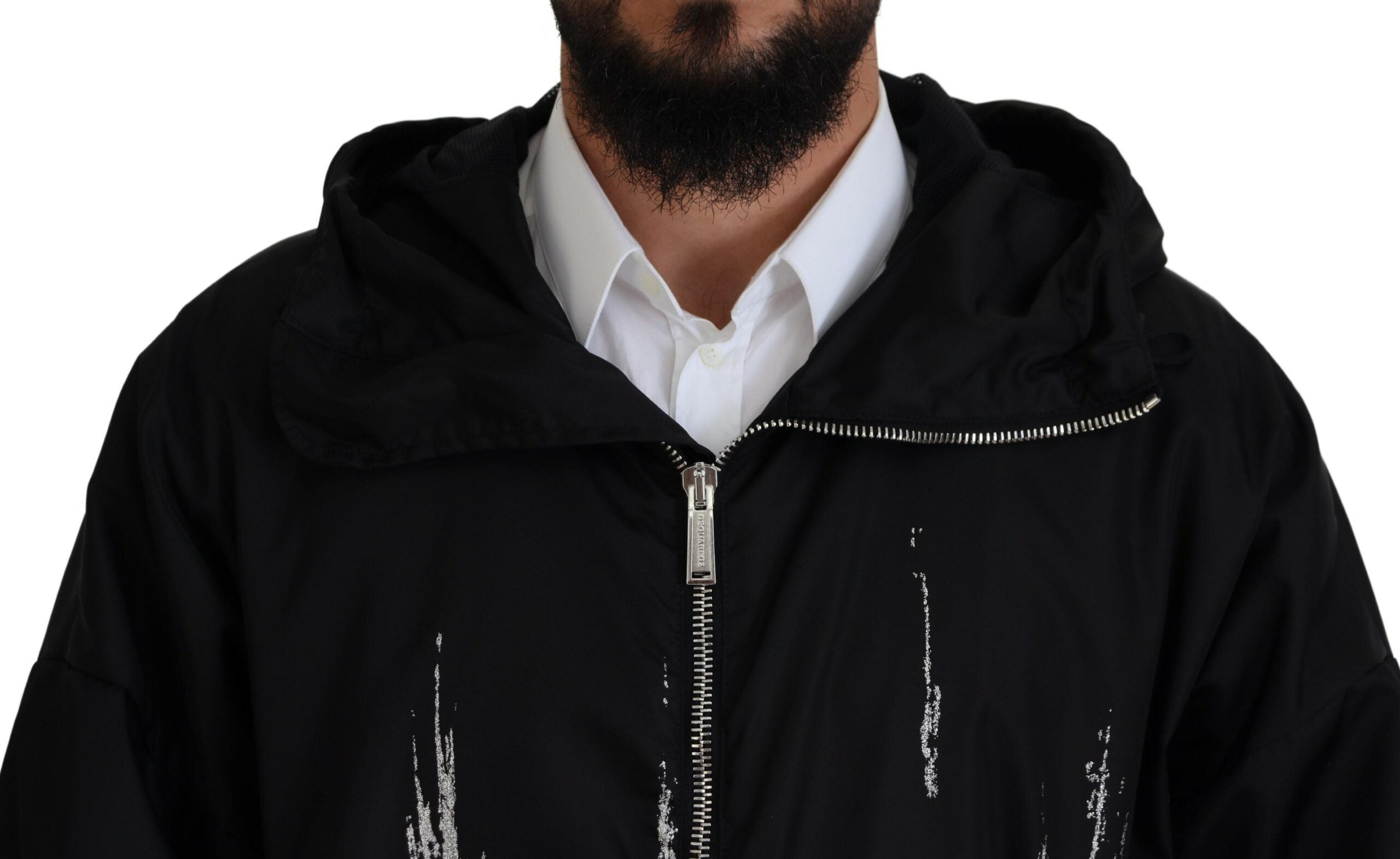 Dsquared² Black White Print Long Hooded Jacket