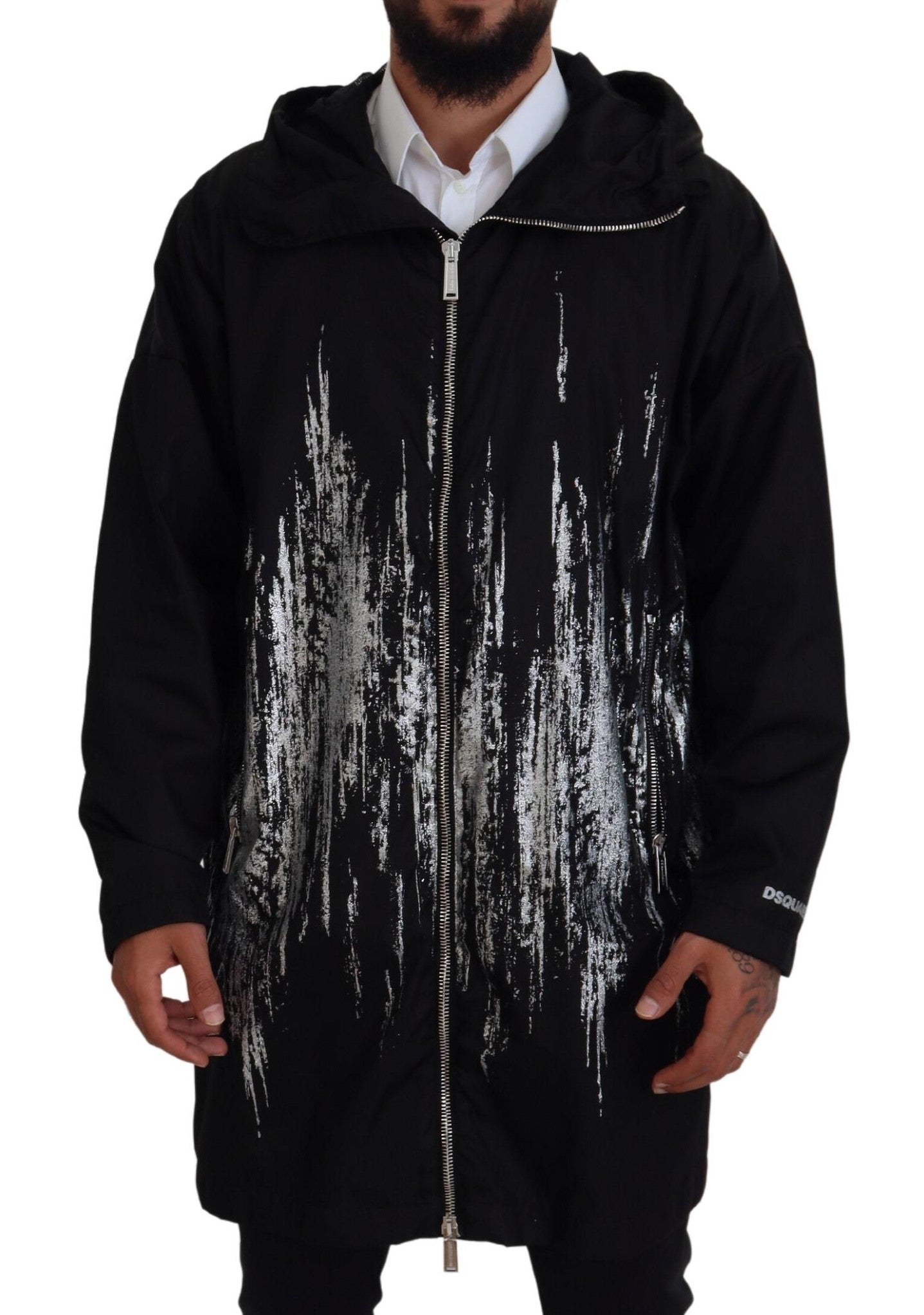 Dsquared² Black White Print Long Hooded Jacket
