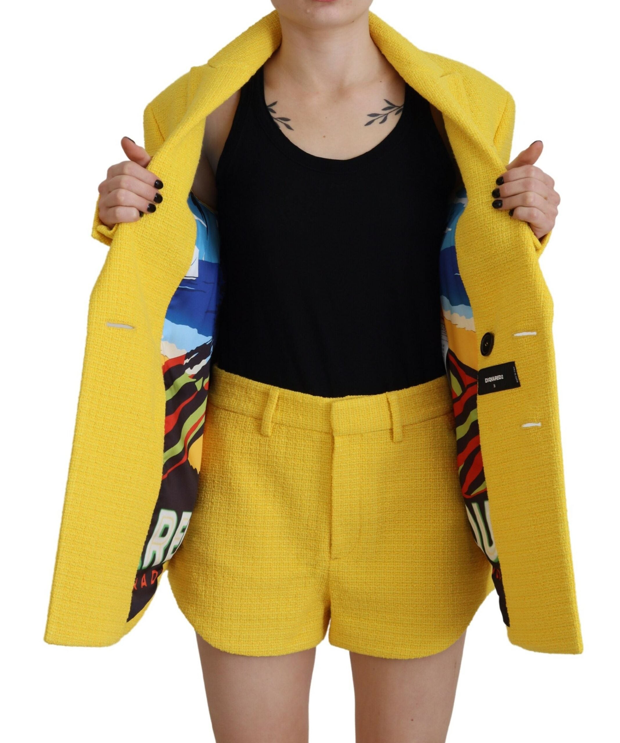 Dsquared² Yellow Peak Double Breasted Suit Blazer Short Set LUNESCAPE