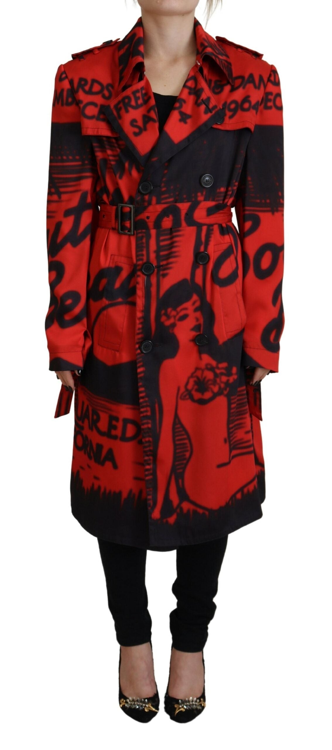 Dsquared² Red Printed Button Collared Desigual Coat Jacket LUNESCAPE