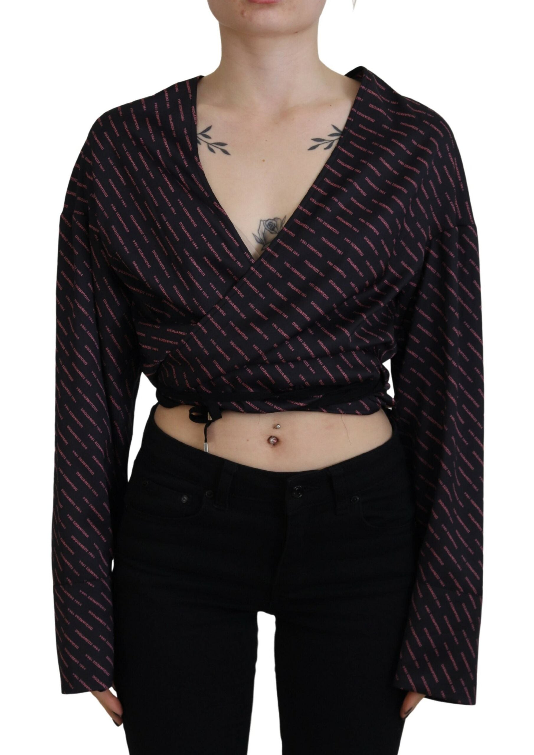Dsquared² Black Polyester Cropped Logo Printed Blouse Top LUNESCAPE