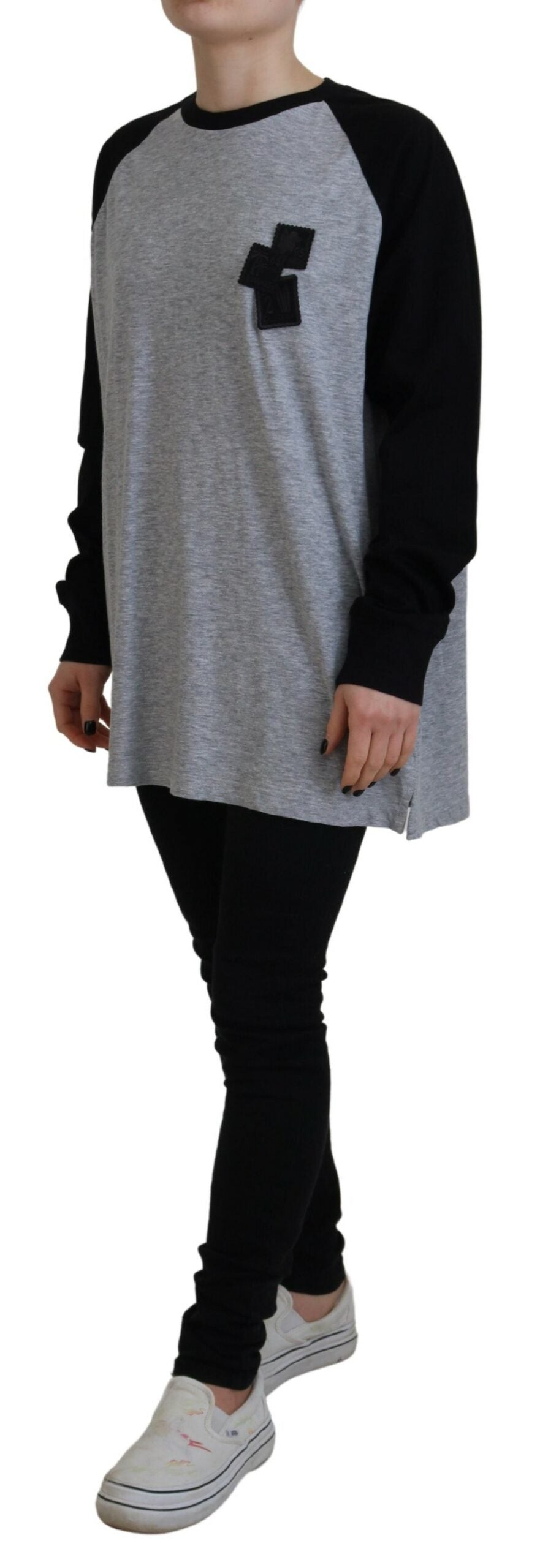 Dsquared² Black Gray Cotton Raglan Long Sleeves Casual Top LUNESCAPE
