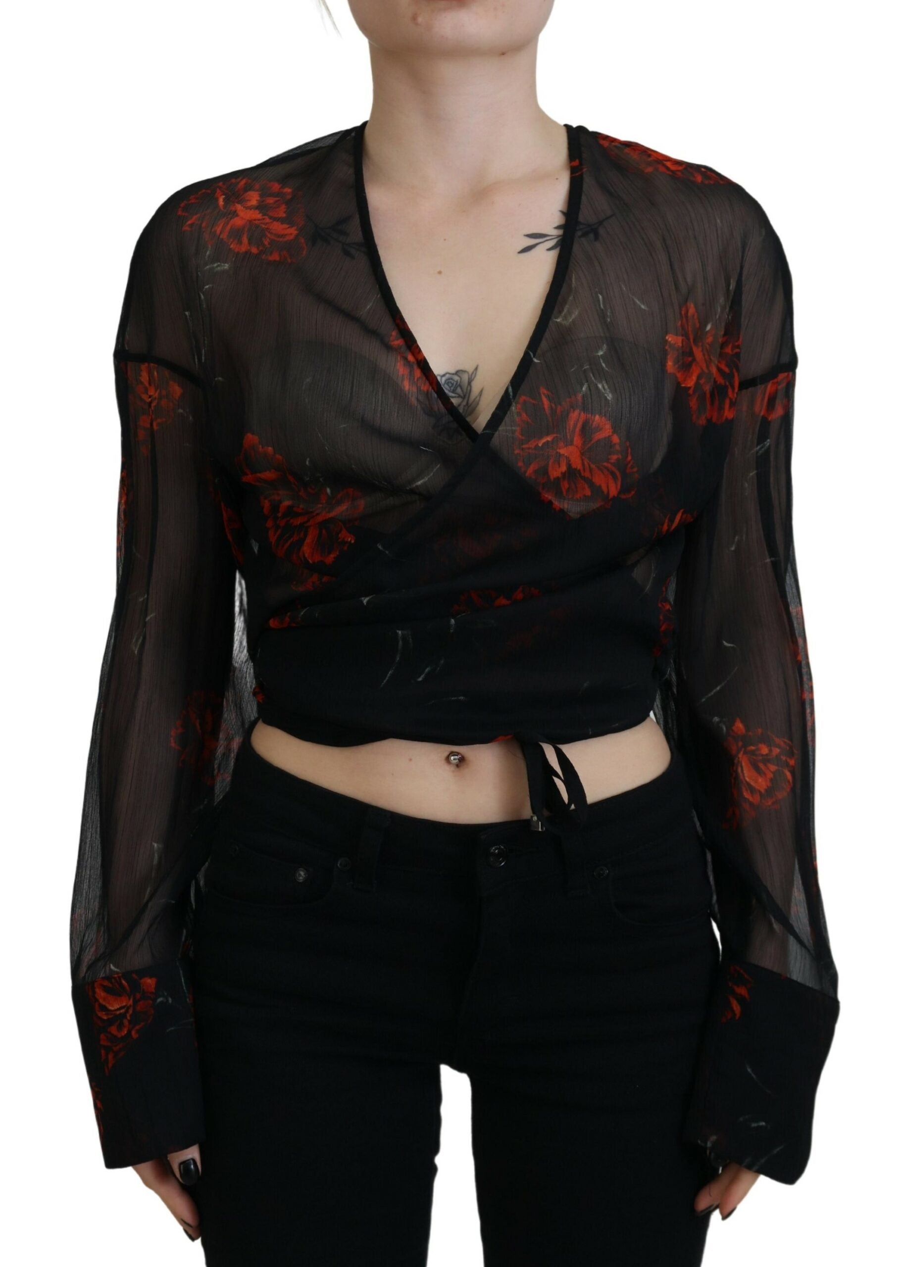 Dsquared² Black Floral Print Cropped Wrap Long Sleeves Top LUNESCAPE