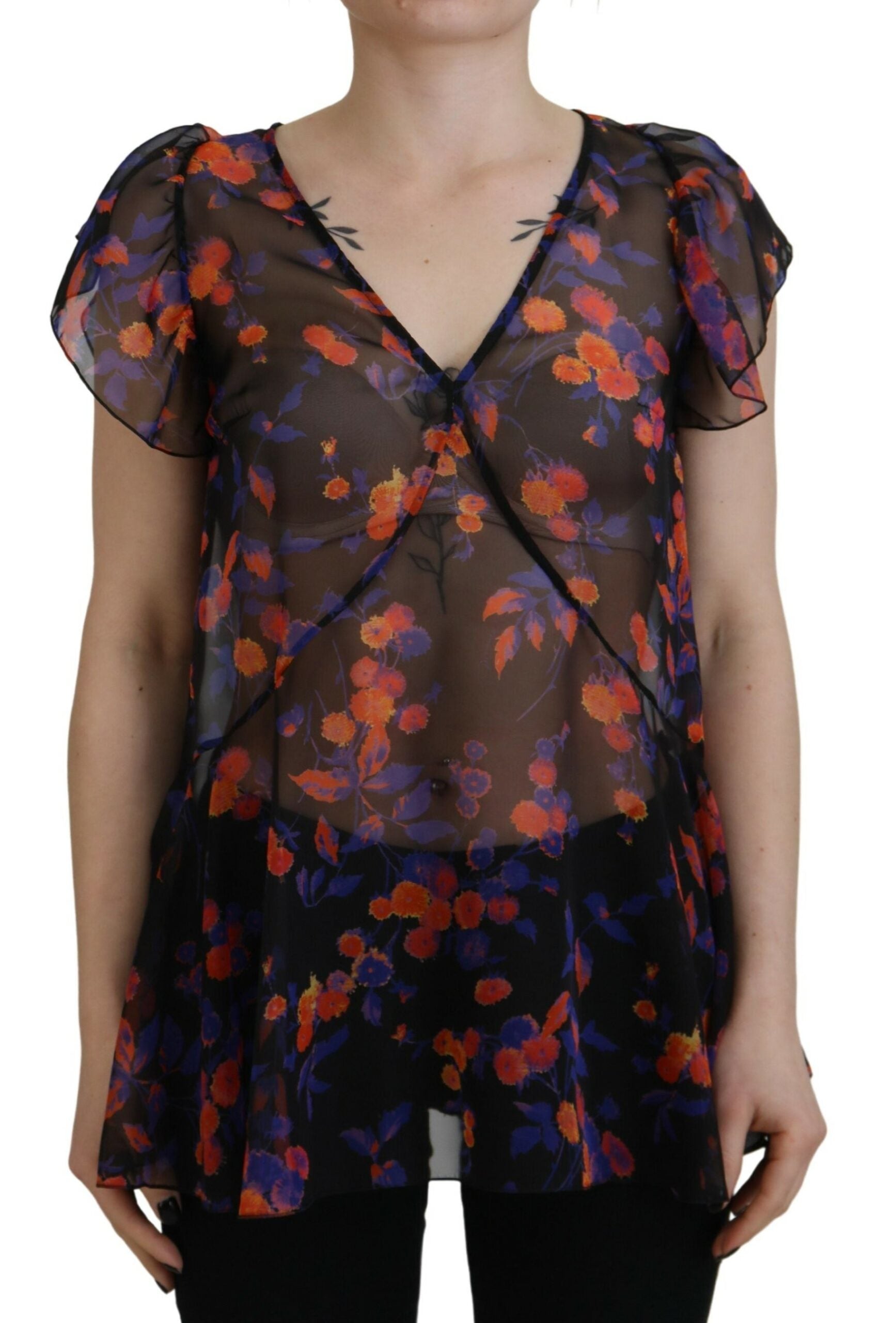 Dsquared² Black Floral Print Short Sleeves V-neck Blouse Top LUNESCAPE