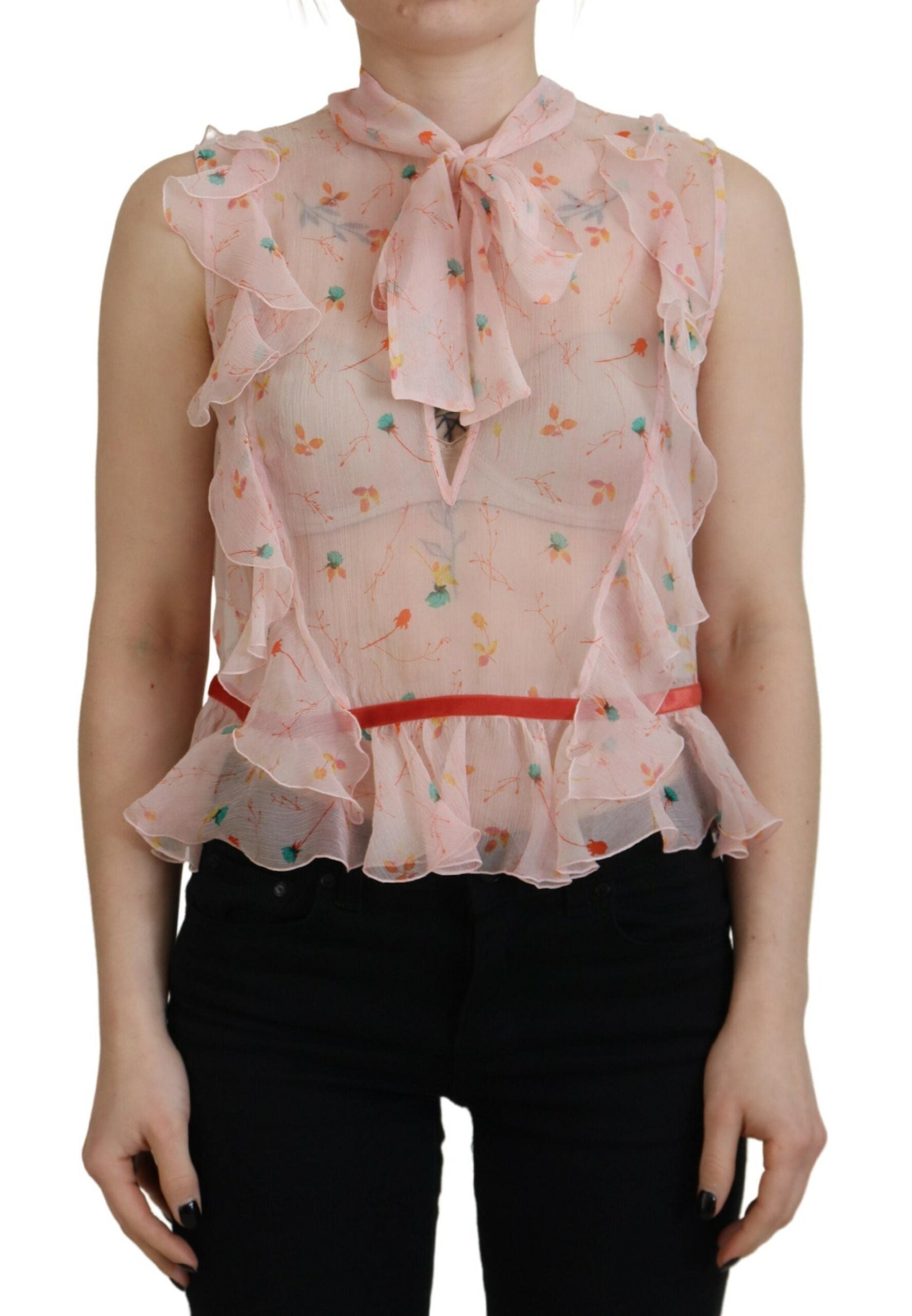 Dsquared² Pink Floral Print Silk Sleeveless Ascot Collar Top LUNESCAPE