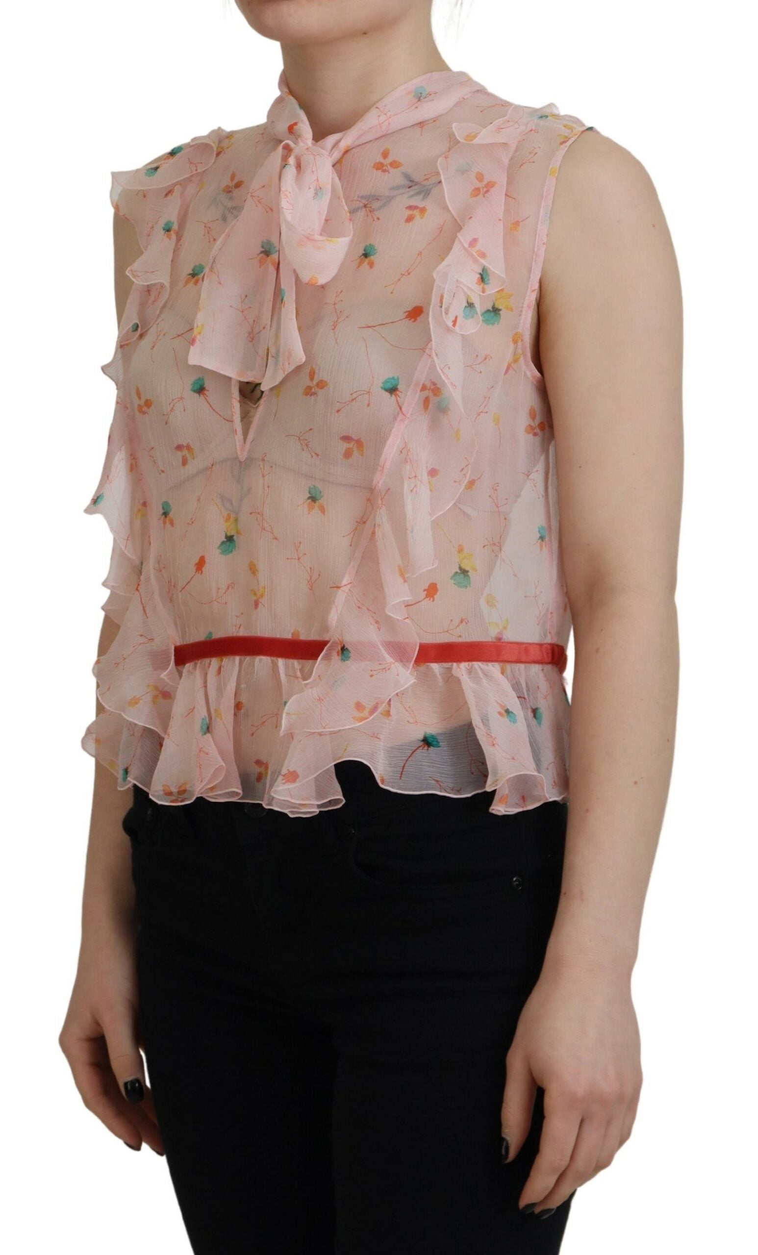 Dsquared² Pink Floral Print Silk Sleeveless Ascot Collar Top LUNESCAPE