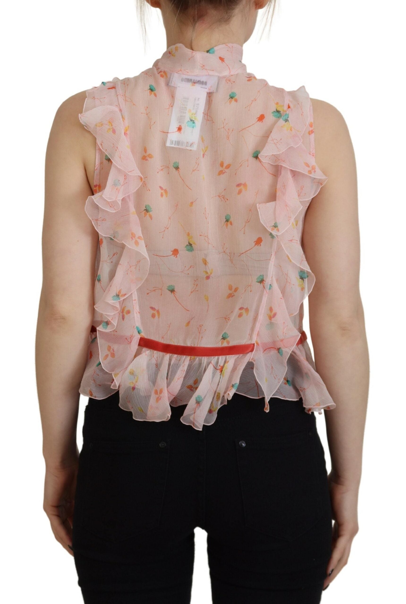 Dsquared² Pink Floral Print Silk Sleeveless Ascot Collar Top LUNESCAPE