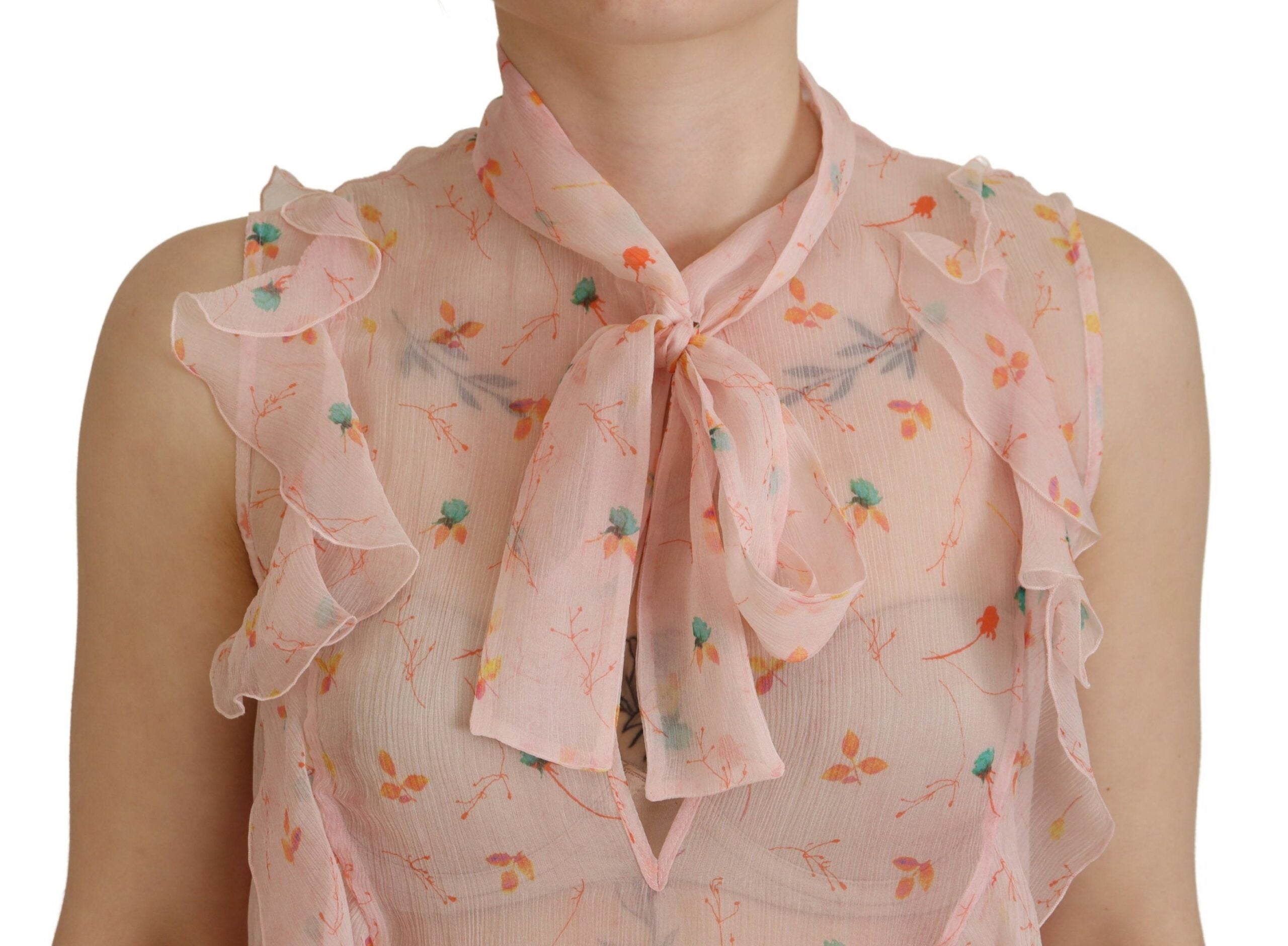 Dsquared² Pink Floral Print Silk Sleeveless Ascot Collar Top LUNESCAPE