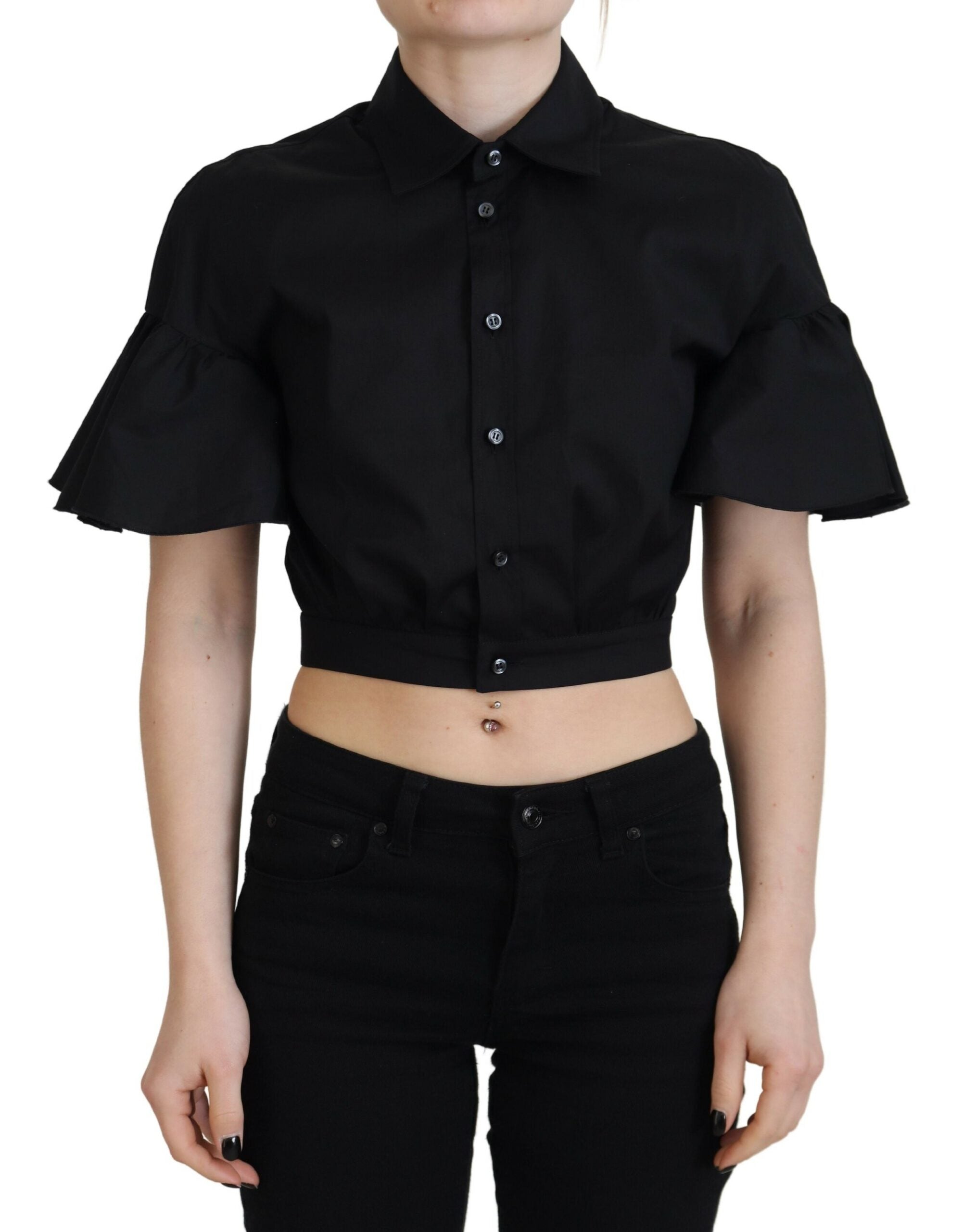 Dsquared² Black Collared Button Down Short Sleeve Cropped Top LUNESCAPE