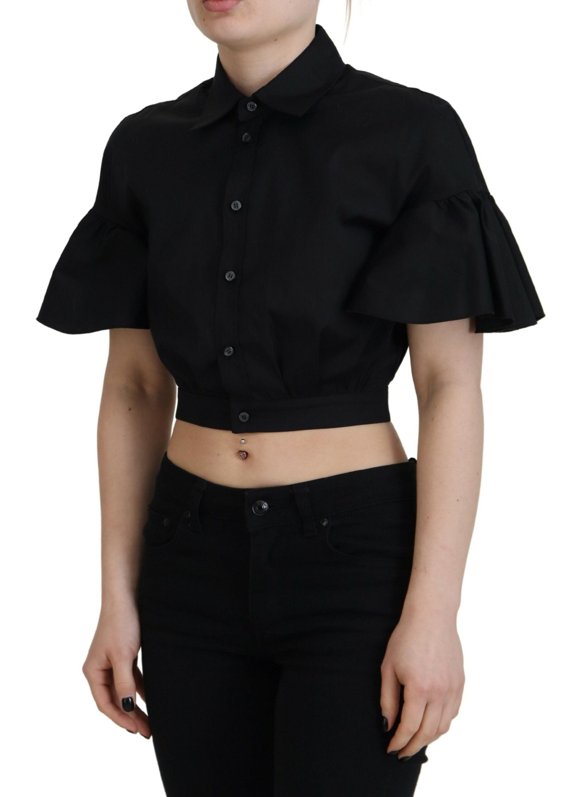 Dsquared² Black Collared Button Down Short Sleeve Cropped Top LUNESCAPE