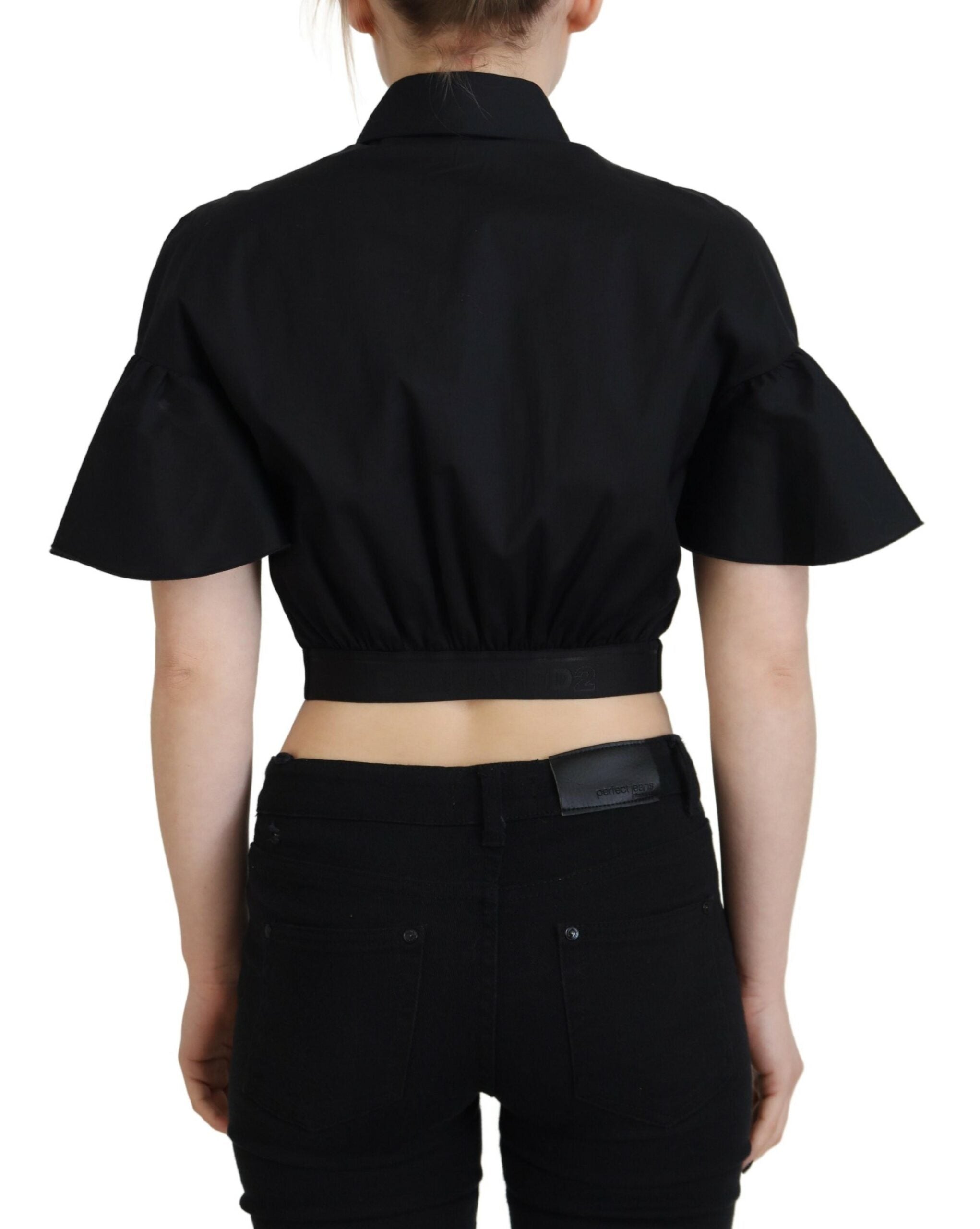 Dsquared² Black Collared Button Down Short Sleeve Cropped Top LUNESCAPE