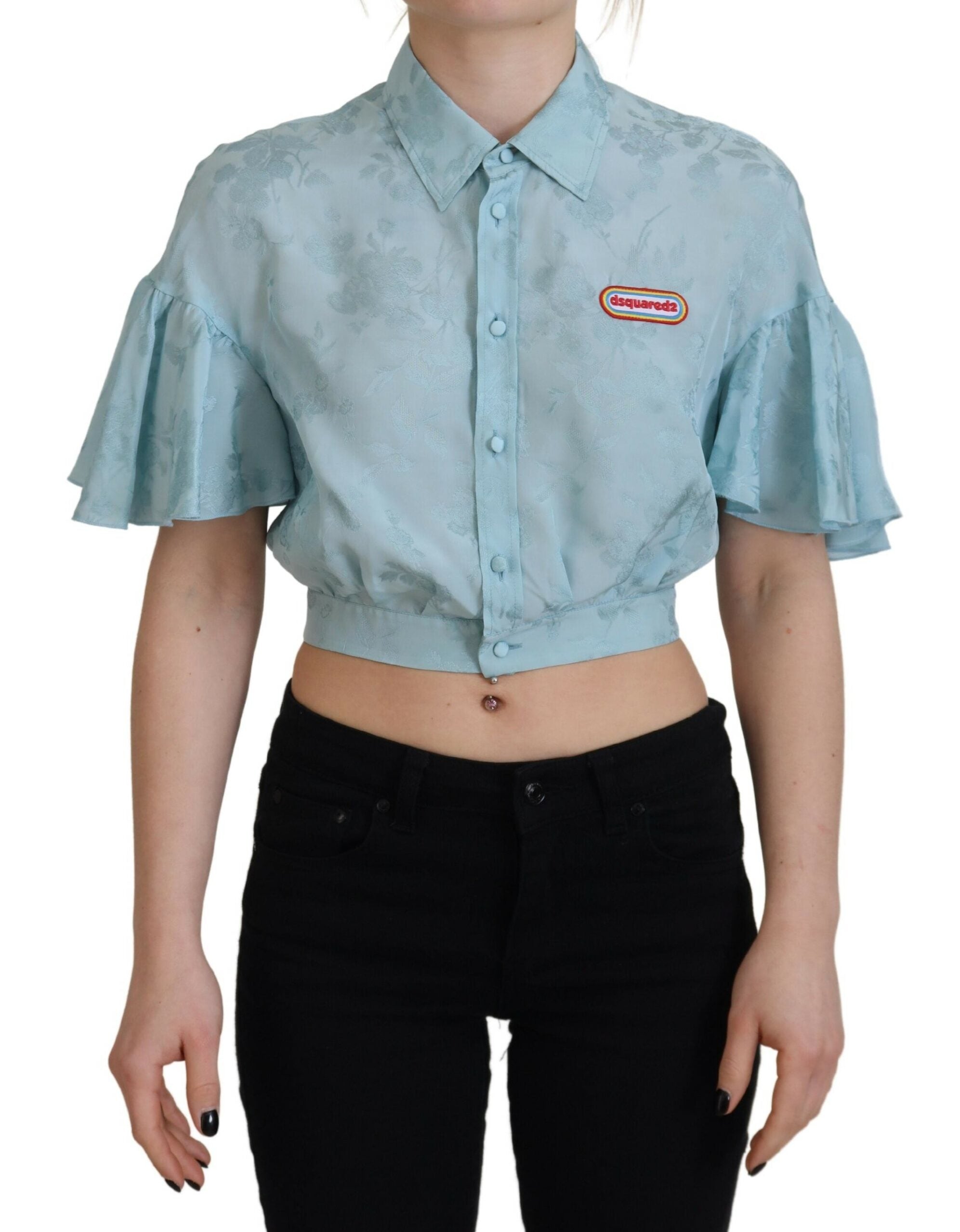 Dsquared² Blue Collared Button Down Short Sleeve Cropped Top LUNESCAPE
