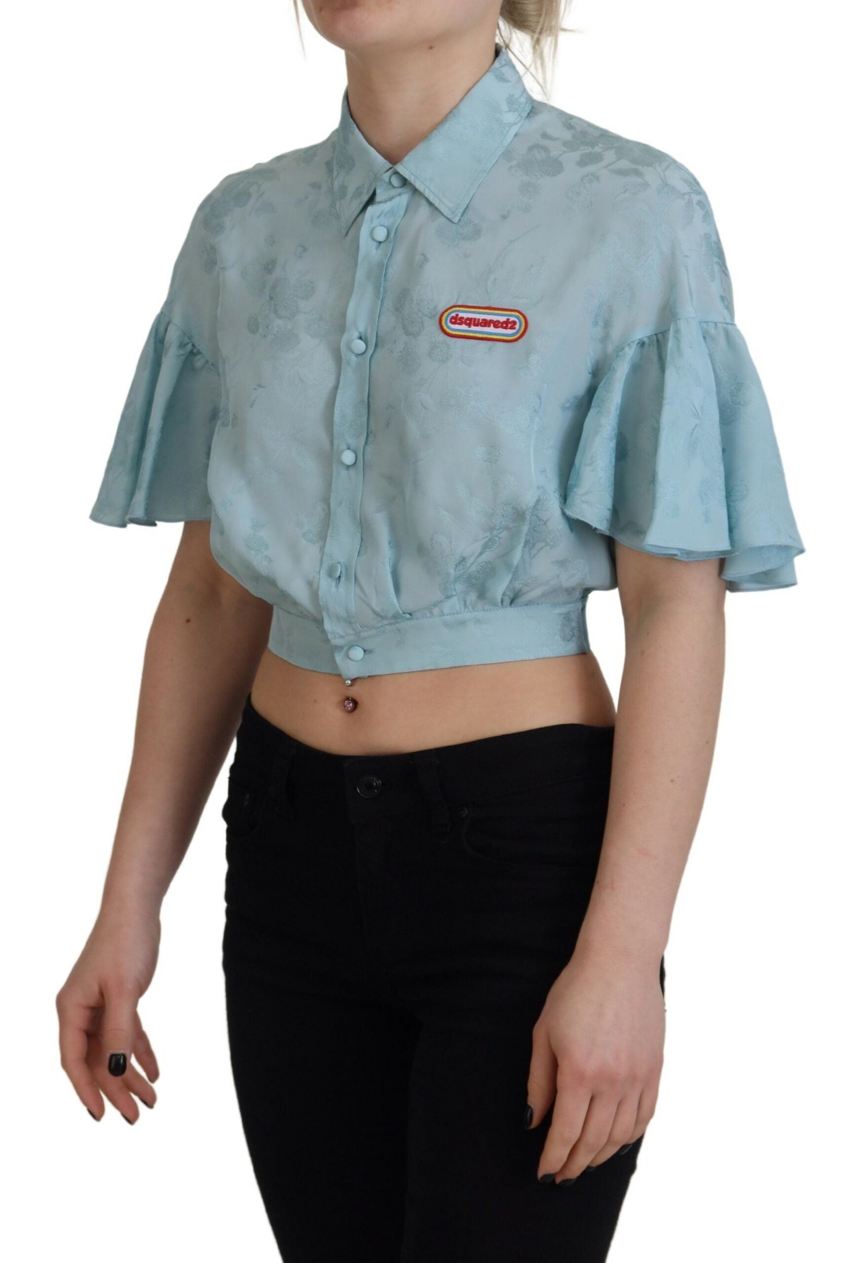 Dsquared² Blue Collared Button Down Short Sleeve Cropped Top LUNESCAPE