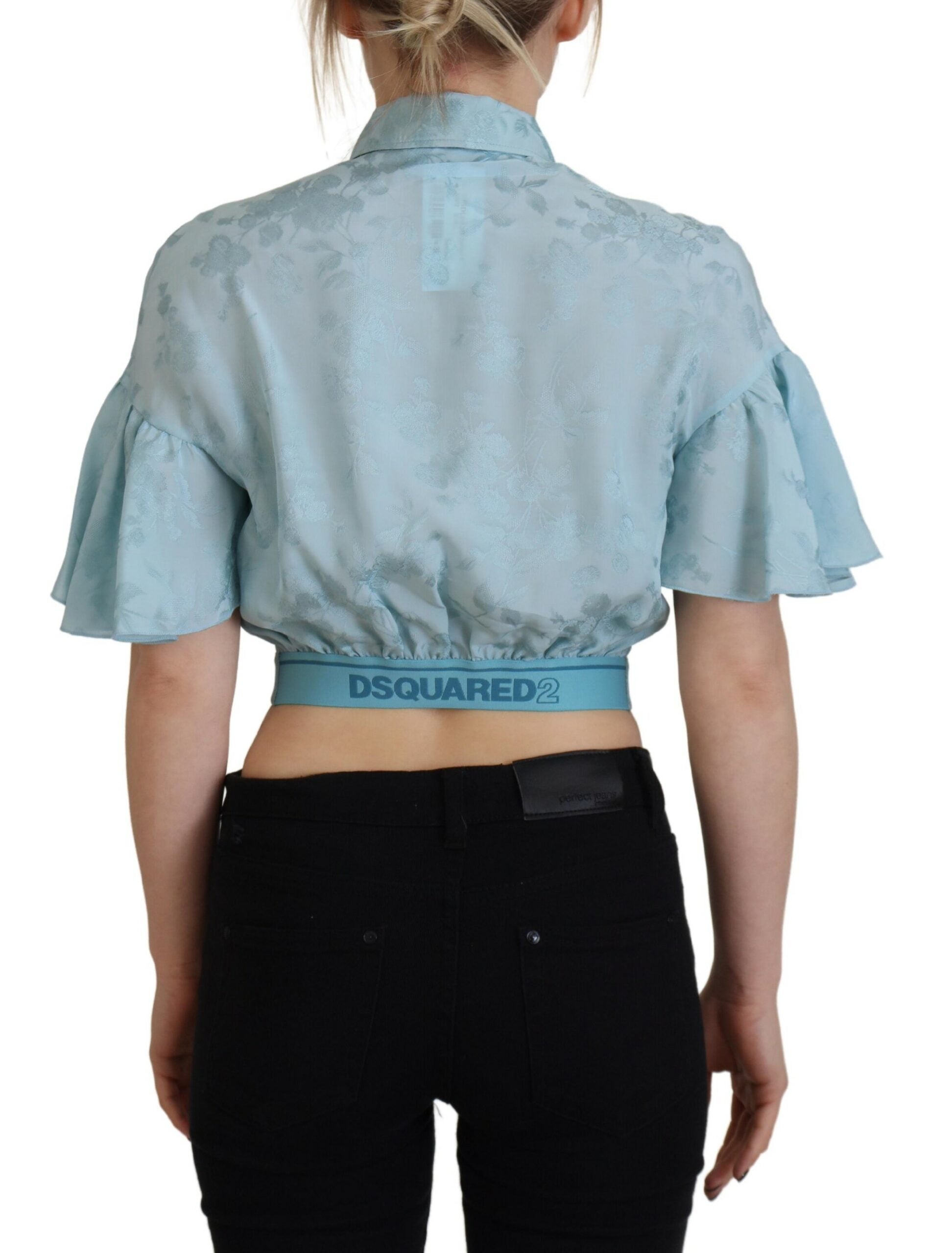 Dsquared² Blue Collared Button Down Short Sleeve Cropped Top LUNESCAPE