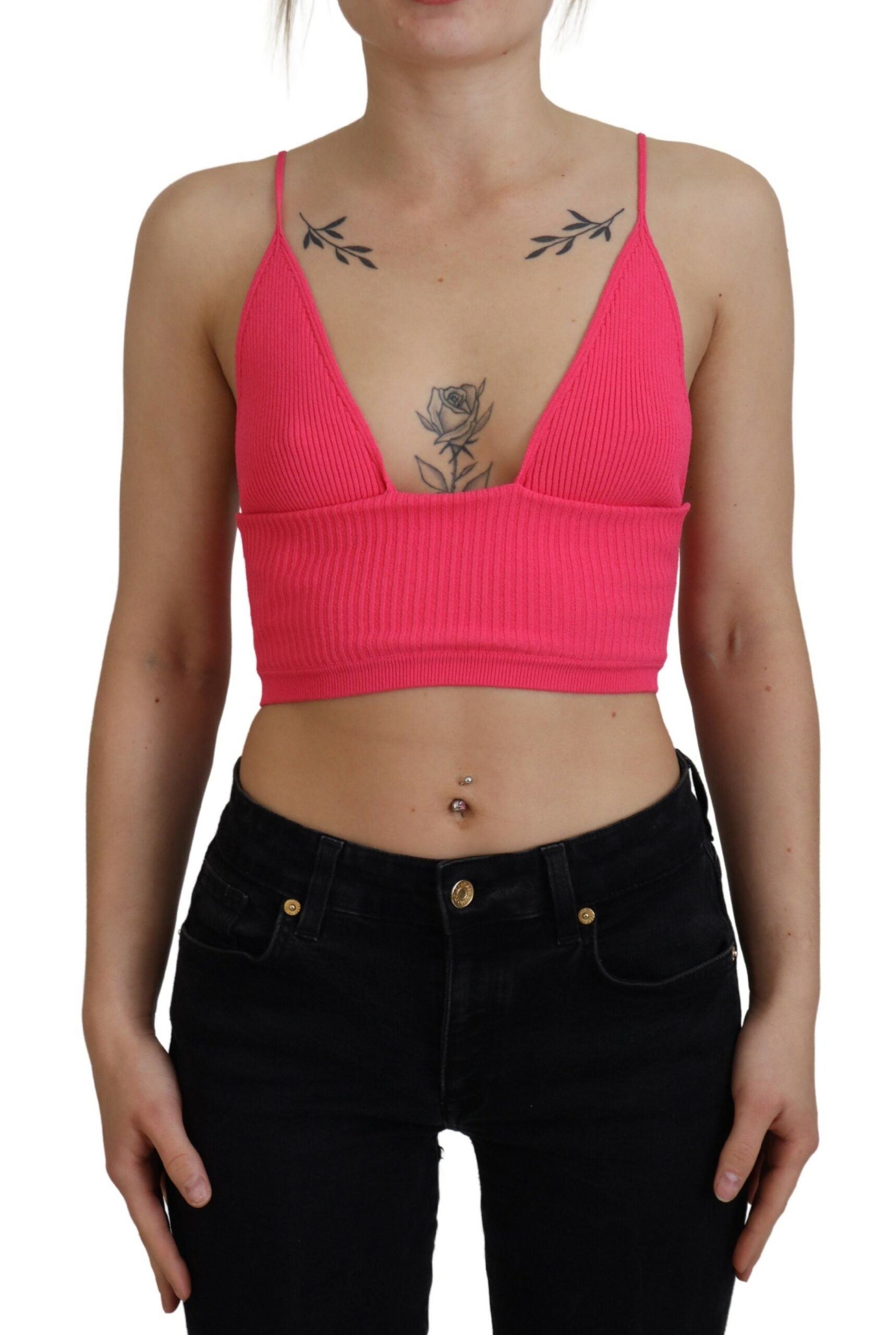 Dsquared² Pink Ribbed Knit Bra Cropped Spaghetti Strap Top LUNESCAPE