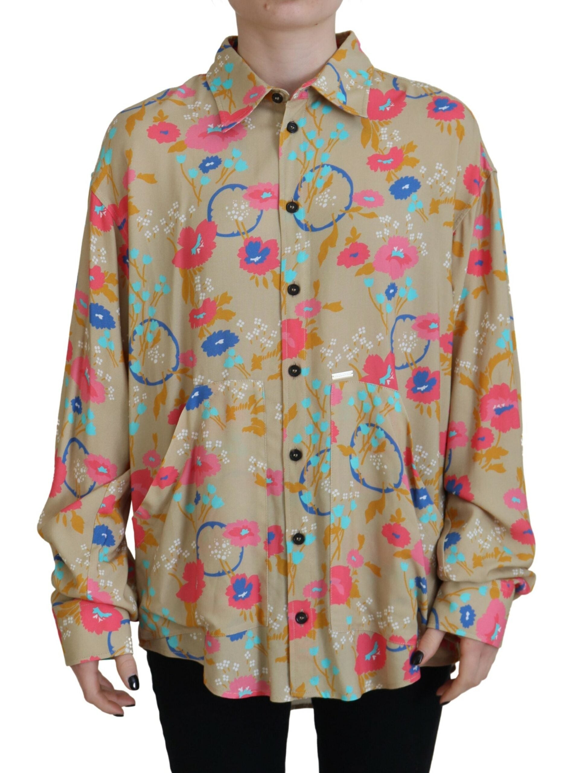 Dsquared² Beige Floral Collared Button Down Long Sleeves Shirt LUNESCAPE