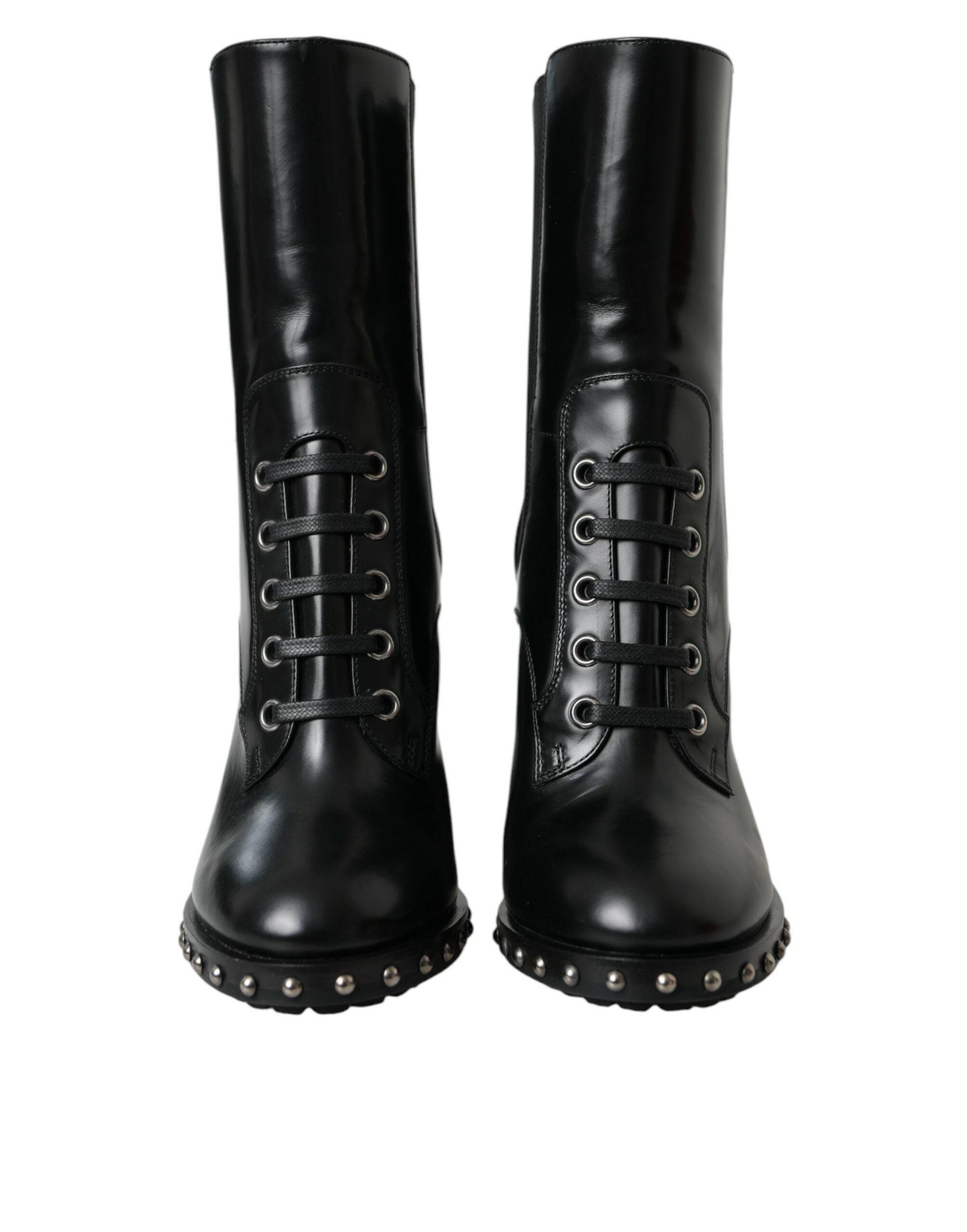Dolce & Gabbana Black Leather Studded Lace Up Boots Shoes LUNESCAPE