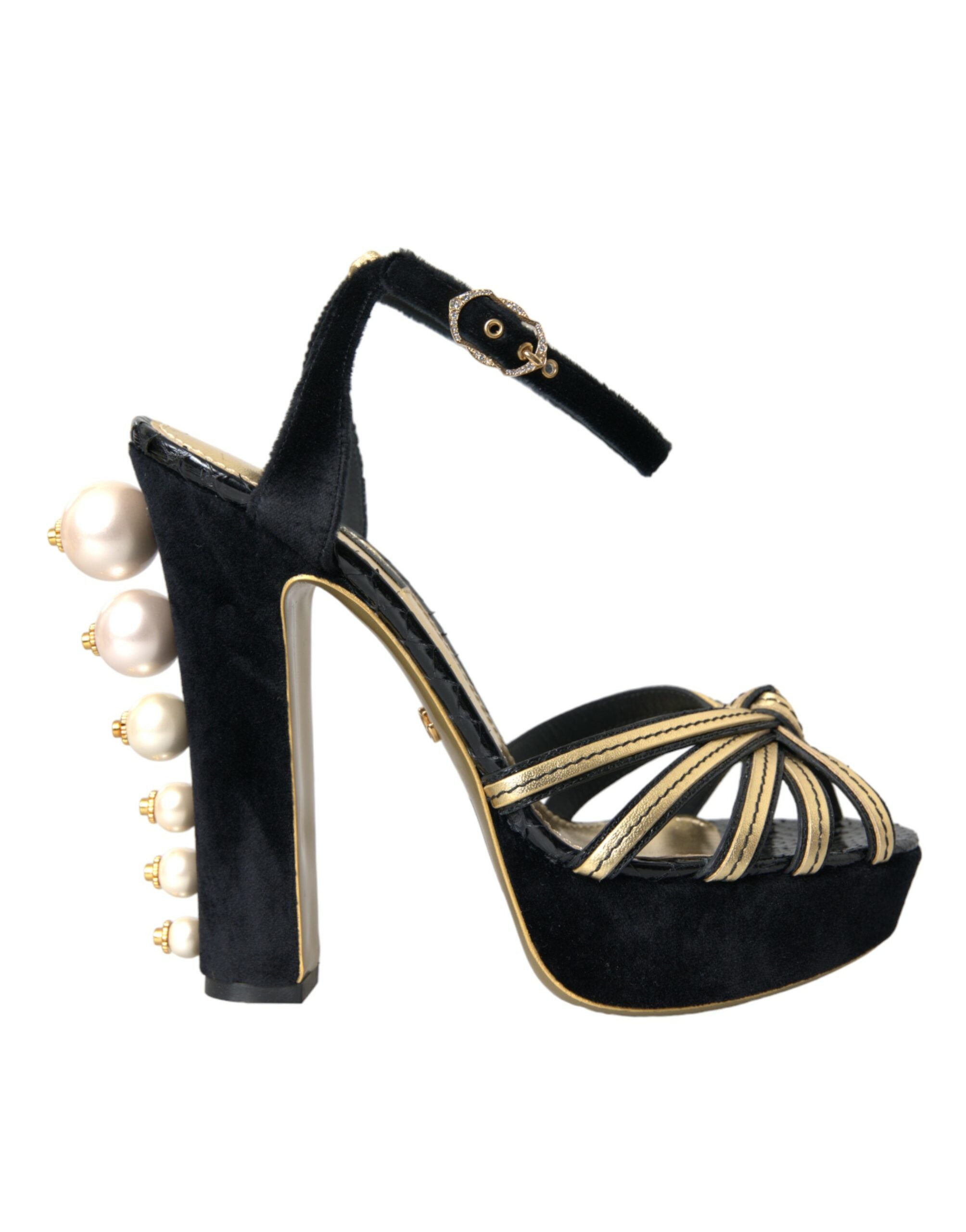 Dolce & Gabbana Black Gold Embellished Heels Sandals Shoes LUNESCAPE